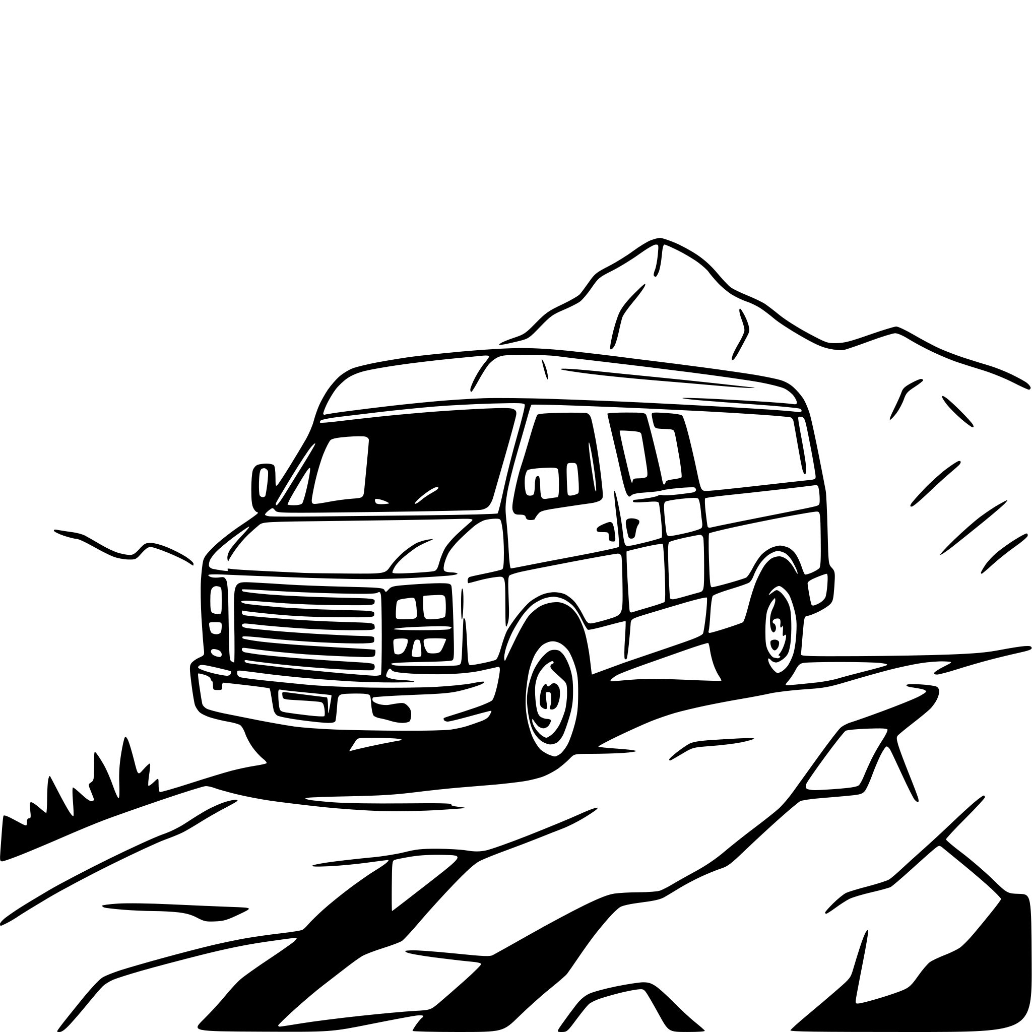 AI-generated SVG of a GMC savana on cliff peak with a beautiful valley below low angle view