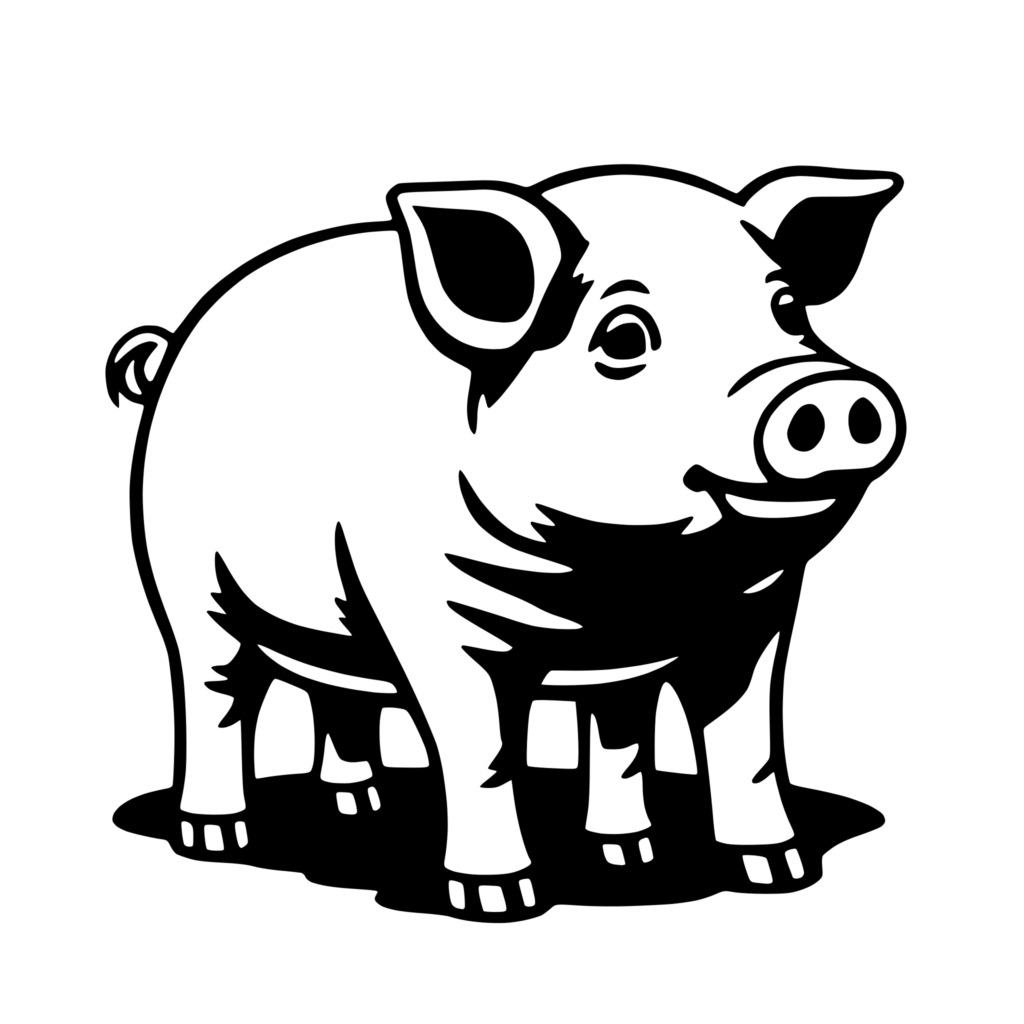 The SVG depicts a stylized black and white illustration of a pig. The pig is standing on all fours, with its head turned slightly to the left. It has a prominent snout with a curved nose, and its ears are pointed upwards. The pig's eyes are closed, and it appears to be smiling or content. The tail is curled upwards, and the pig's legs are spread apart, with the front legs slightly forward. The pig's body is round, and it has a simple, cartoon-like design with no intricate details. The SVG does not show any interaction with other objects, as it is a standalone graphic. 