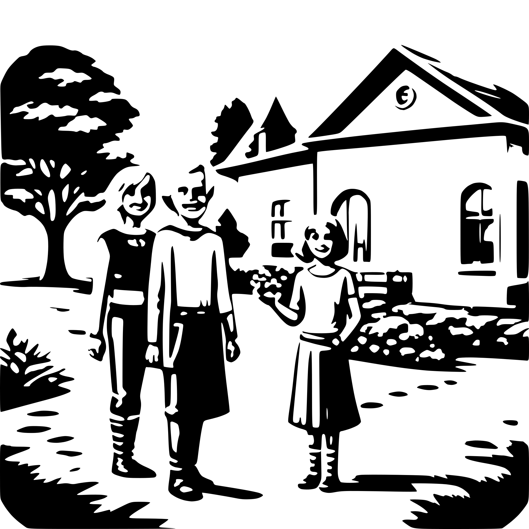 AI-generated SVG of 'A family visiting grandparents at their countryside home.'
