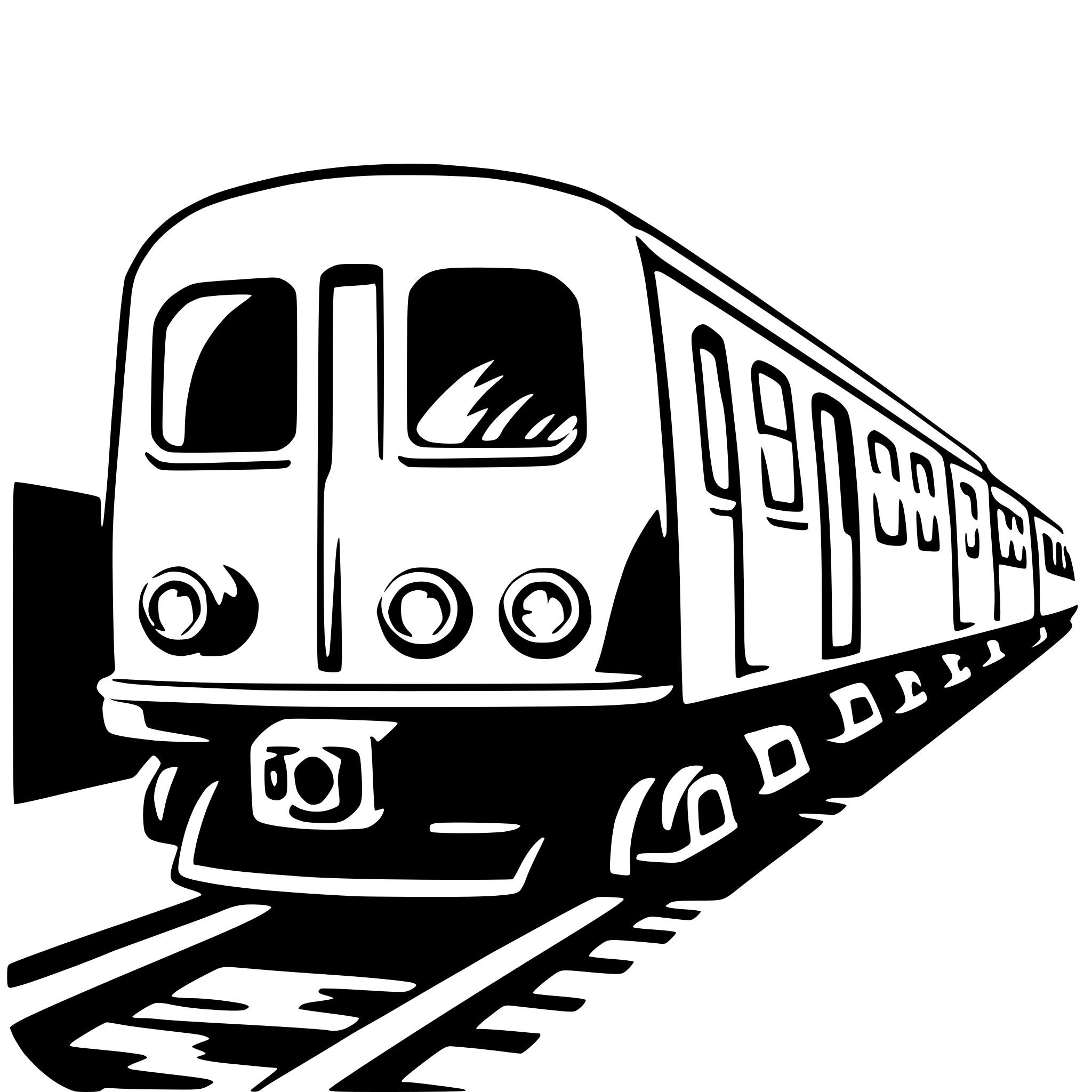 The SVG depicts a stylized train on a set of tracks. The train is composed of a locomotive with a prominent front section, featuring a large headlight and two smaller headlights on either side. There are two windows on the front of the locomotive, and the train has a series of passenger cars attached to it, each with a set of windows. The train is shown in a simplified, cartoon-like style with solid black outlines and white fill. The tracks are also depicted with a simple, linear design. The train appears to be in motion, as suggested by the perspective and the positioning of the wheels and tracks. 