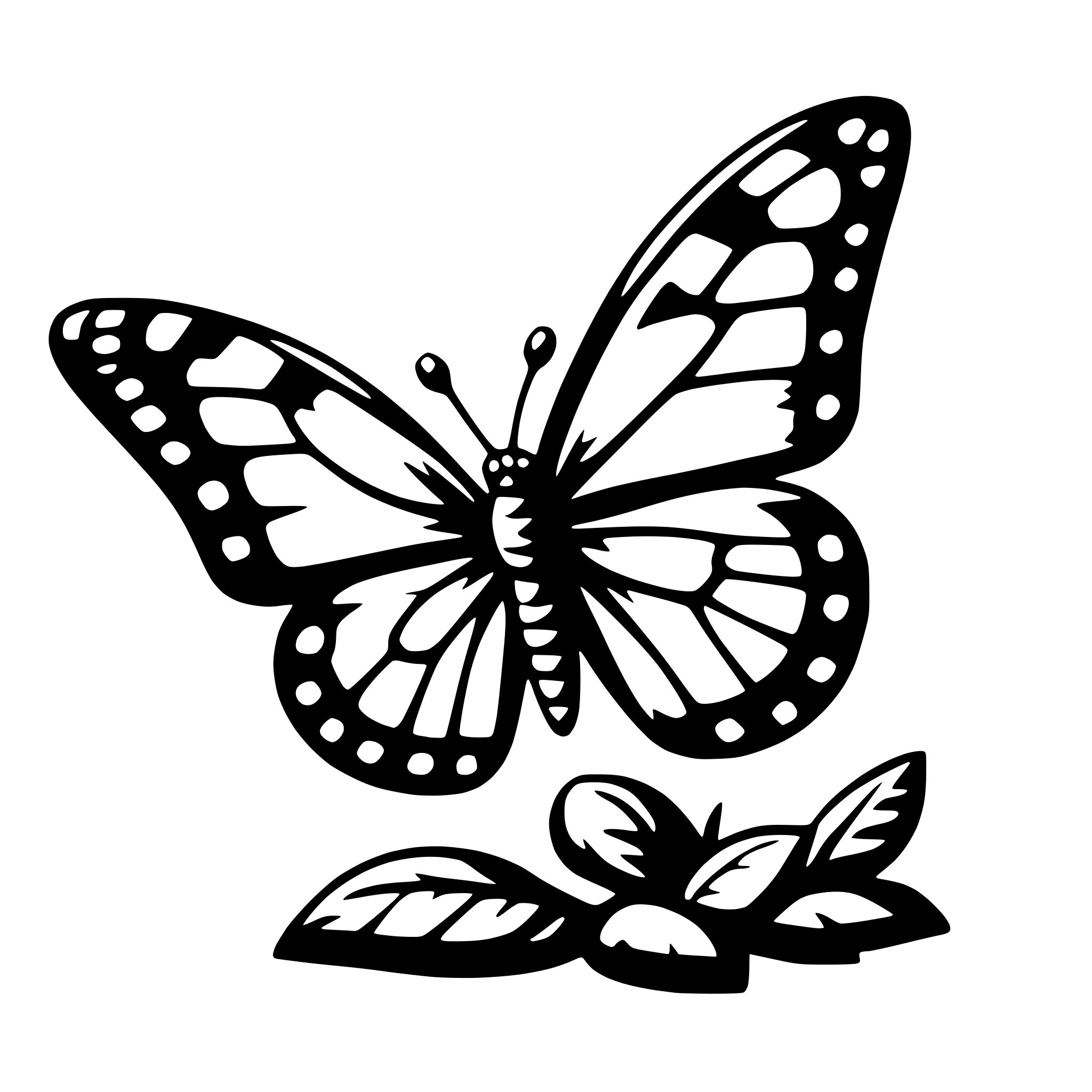 The SVG features a stylized butterfly with a detailed wing pattern and a body that includes antennae. The butterfly is depicted in a profile view, facing to the right. Below the butterfly, there are two leaves, one larger and one smaller, both with a similar wing-like design, suggesting a connection to the butterfly's appearance. The leaves are positioned as if they are part of the ground or a surface on which the butterfly is resting. The overall style is graphic and simplistic, with a clear outline and no shading or color information. 