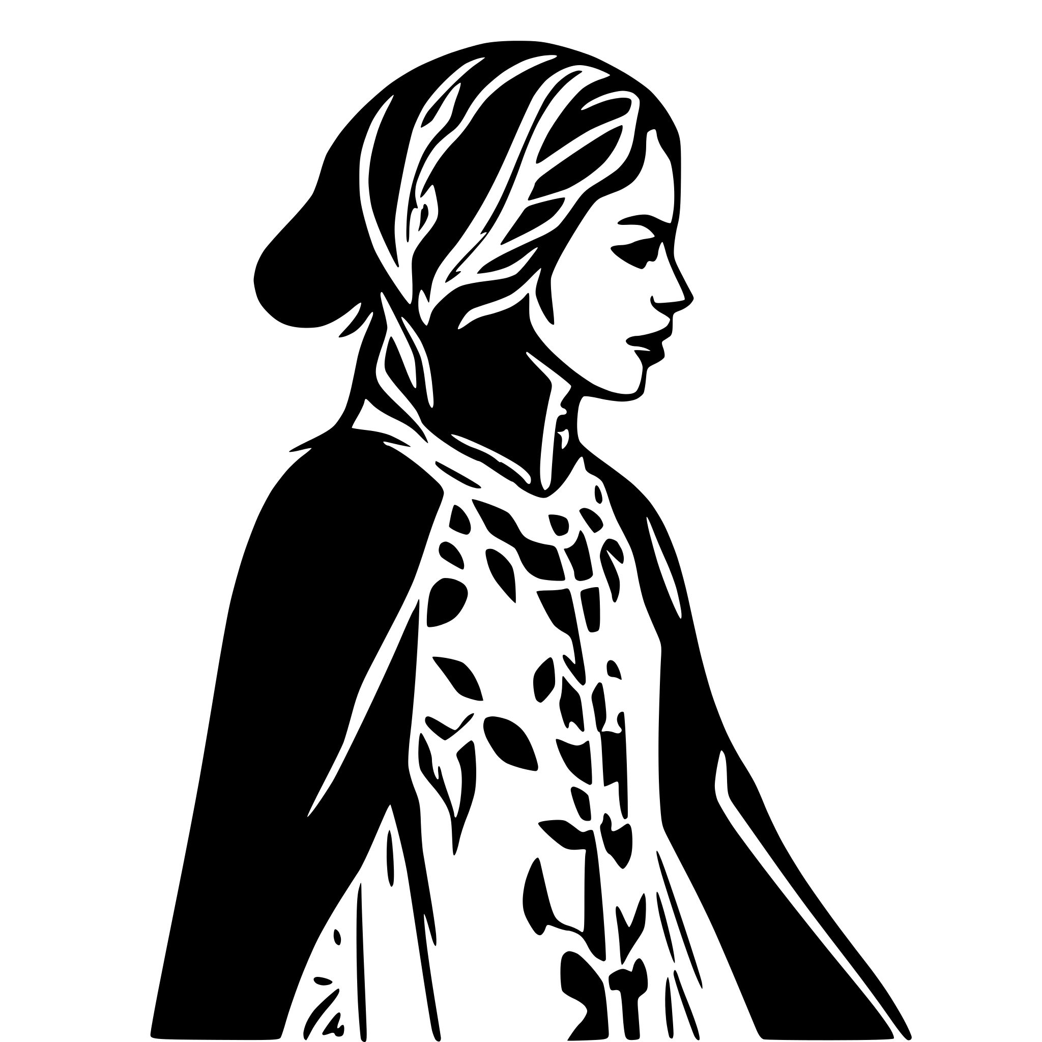 AI-generated SVG of a Silhouette of a mid-16th-century Northern European woman, long gown, belt, coif, side profile
