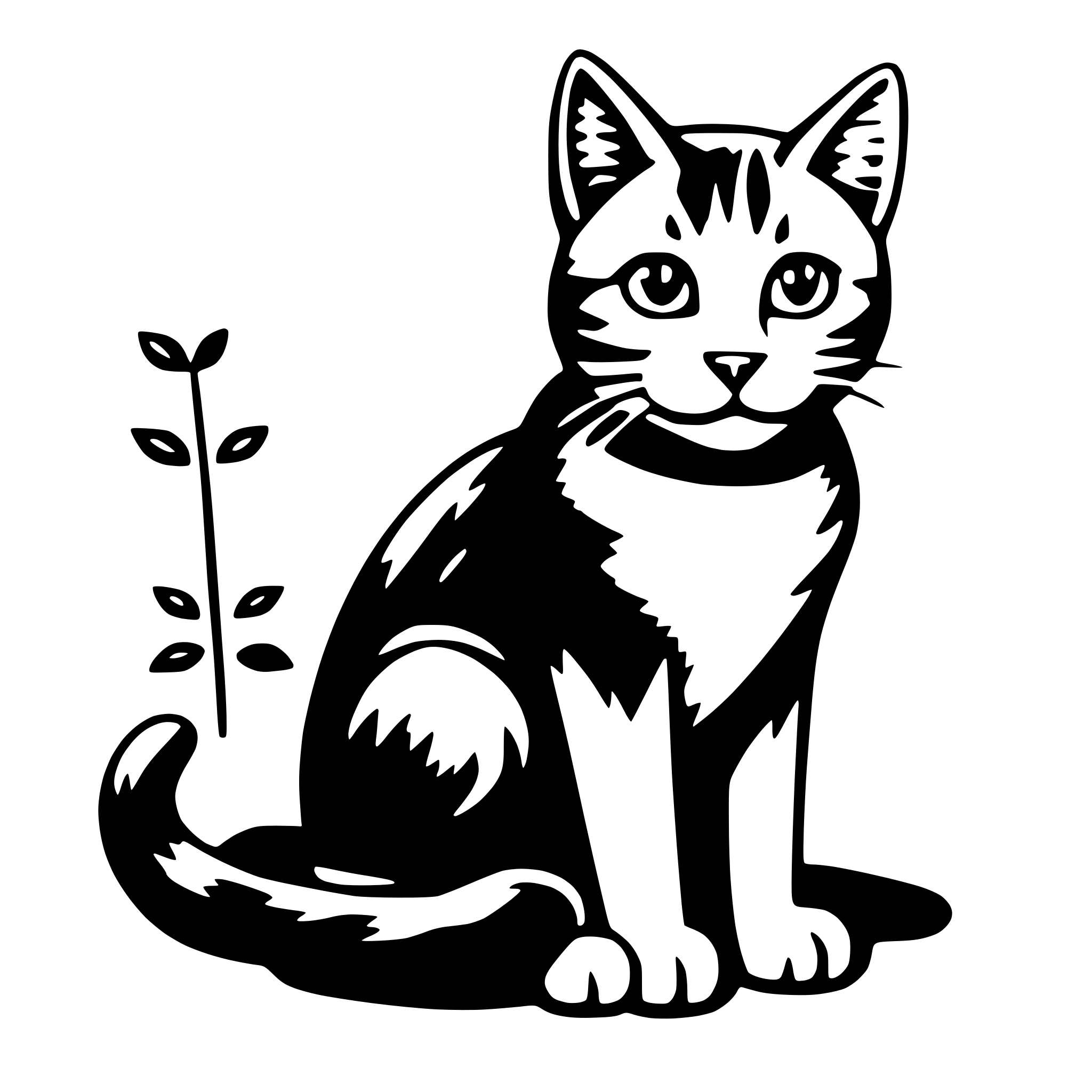 The SVG features a stylized black and white illustration of a cat. The cat is depicted with a simplistic design, showcasing its head, body, and tail. It is sitting upright with its tail curled around its body. To the right of the cat, there is a small plant with three leaves. The cat and the plant are the main objects in the SVG, and there is no interaction between them; they are simply placed next to each other. 