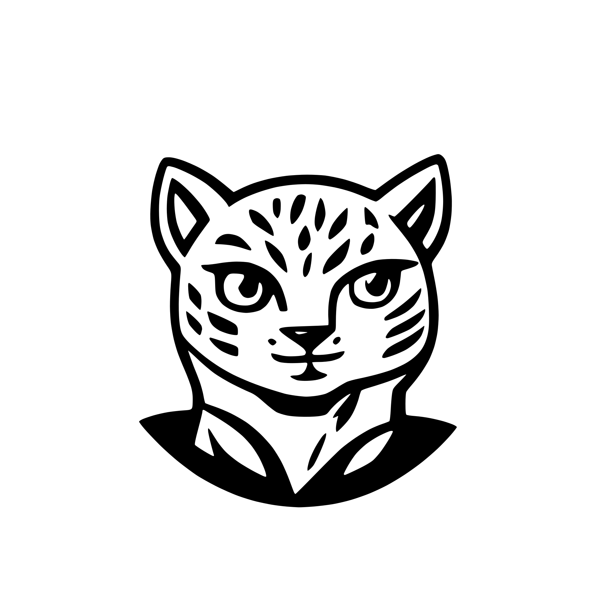 AI-generated SVG of a head of very cute leopard cat, with Two significant long vertical lines on forehead, very very extremely simplified, snoopy like drawing, looking straight ahead