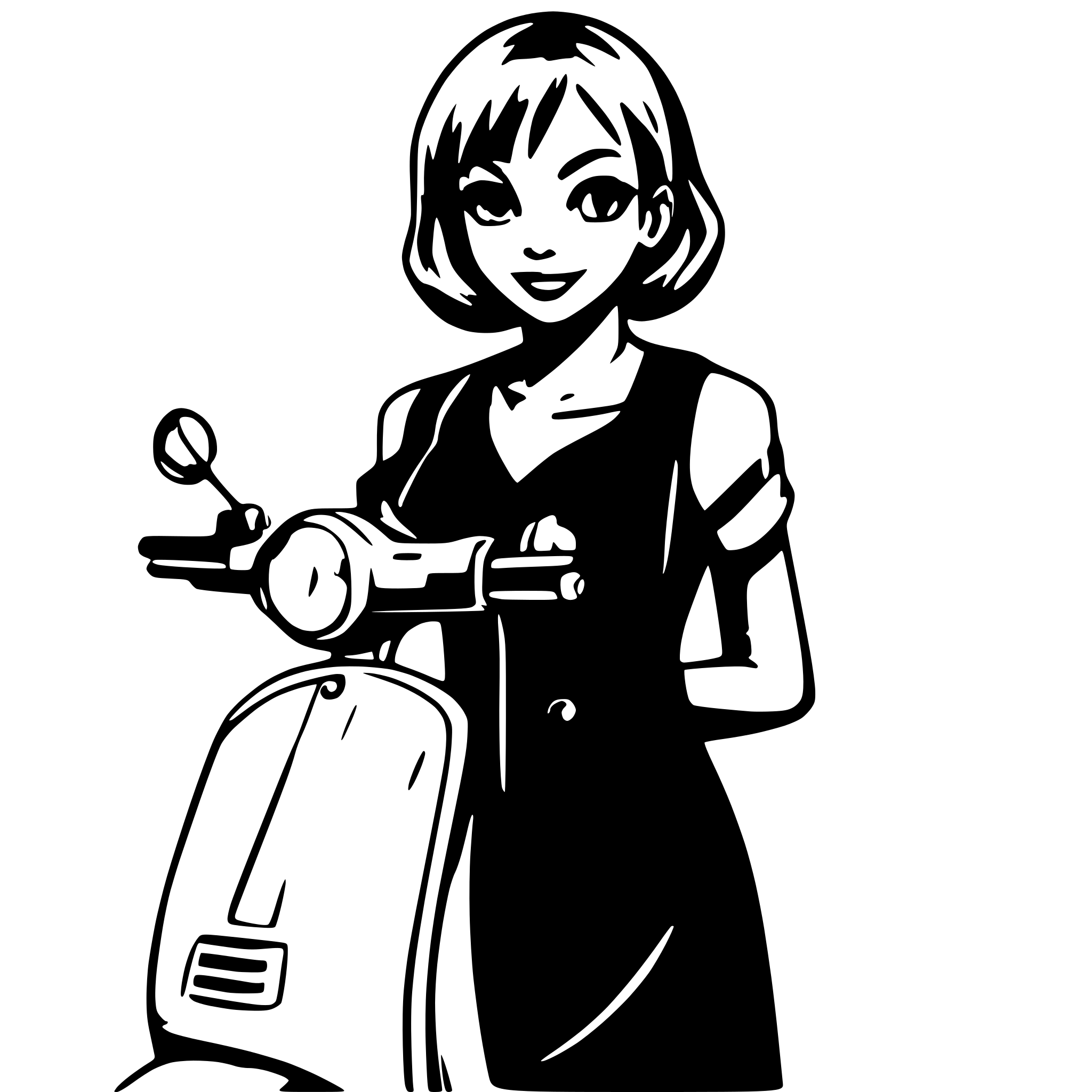 AI-generated SVG of a Short hairs colored black women on a vespa