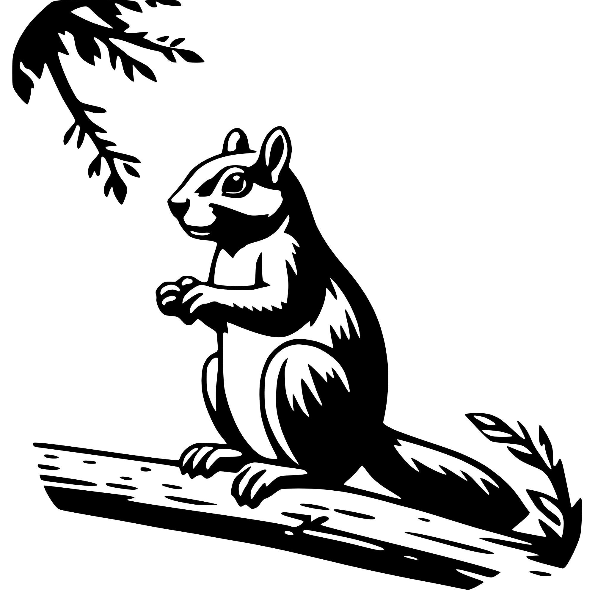 The SVG depicts a stylized black and white illustration of a squirrel perched on a branch. The squirrel is facing the viewer, with its front paws extended forward and its tail curled around the branch. The branch has a rough texture, suggesting bark, and there are small leaves or twigs extending from the branch. The squirrel's posture and the direction of its gaze give the impression that it is alert and possibly observing its surroundings. The SVG is simple and does not contain any additional text or elements. 