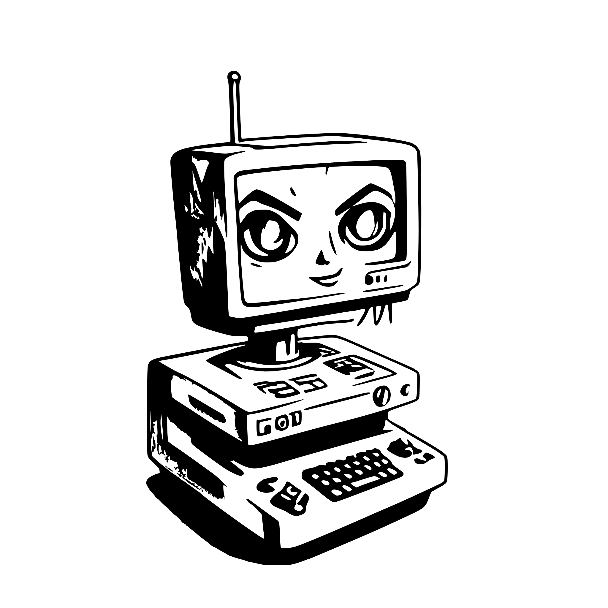AI-generated SVG of a a stylized robotic or animatronic character with a blend of eerie and cartoonish elements. The character has a CRT monitor for a head, displaying an angry, glitchy face with neon green eyes and red pupils, exaggerated eyebrows, and a gritted mouth, giving it an unsettling expression.  The character's body is humanoid with long, segmented limbs that resemble an animatronic or puppet-like structure. The arms are grayish, fading into black at the hands, while the legs follow a similar pattern, with