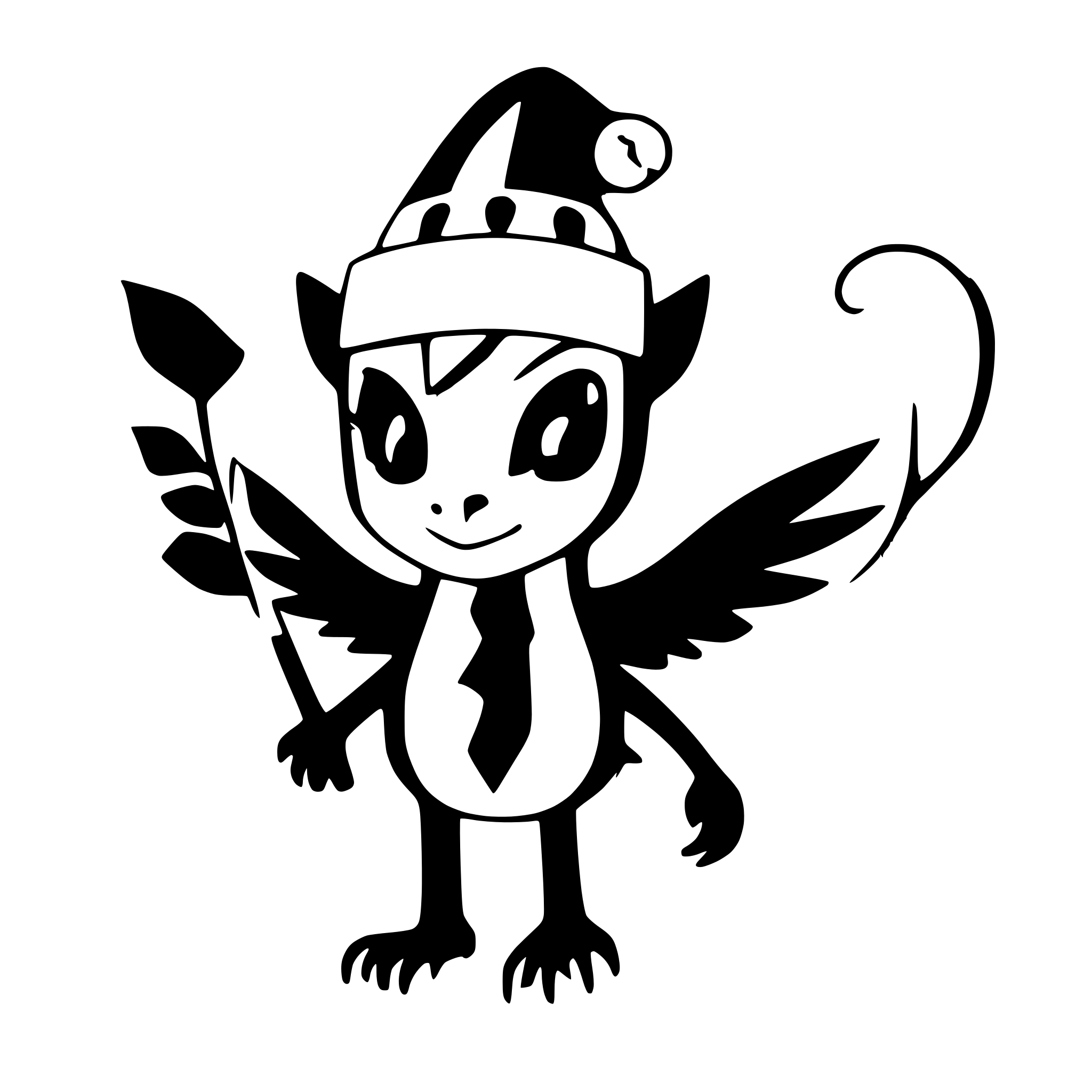 AI-generated SVG of a horse's head, bat-like wings, horns, a forked tail, and long legs with hooves on back legs,  kangaroo-like face, glowing red eyes, and huge claws on front legs. Standing on two legs. wearing Santa hat. Cute not scary.
