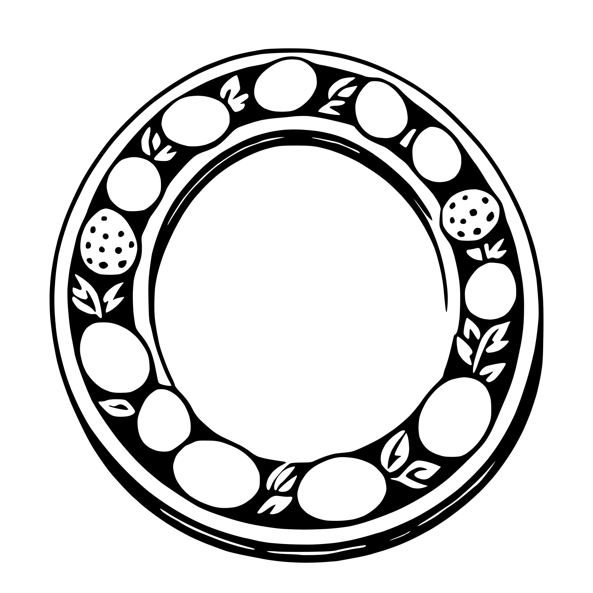The SVG shows a circular wreath with a central hole. The wreath is composed of a series of concentric circles, each containing a different pattern or motif. Starting from the outermost circle, the patterns include what appear to be leaves, flowers, and possibly fruits or berries. The patterns are symmetrical and alternate between the left and right sides of the wreath. The inner circles are smaller and contain simpler, more abstract designs. The overall style of the SVG is reminiscent of a traditional wreath, but the patterns and motifs are stylized and abstracted. 