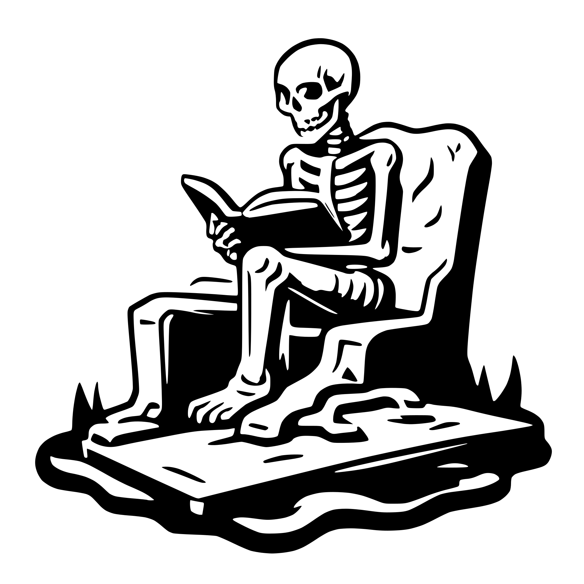 AI-generated SVG of a a skeleton sitting on a grave an reading