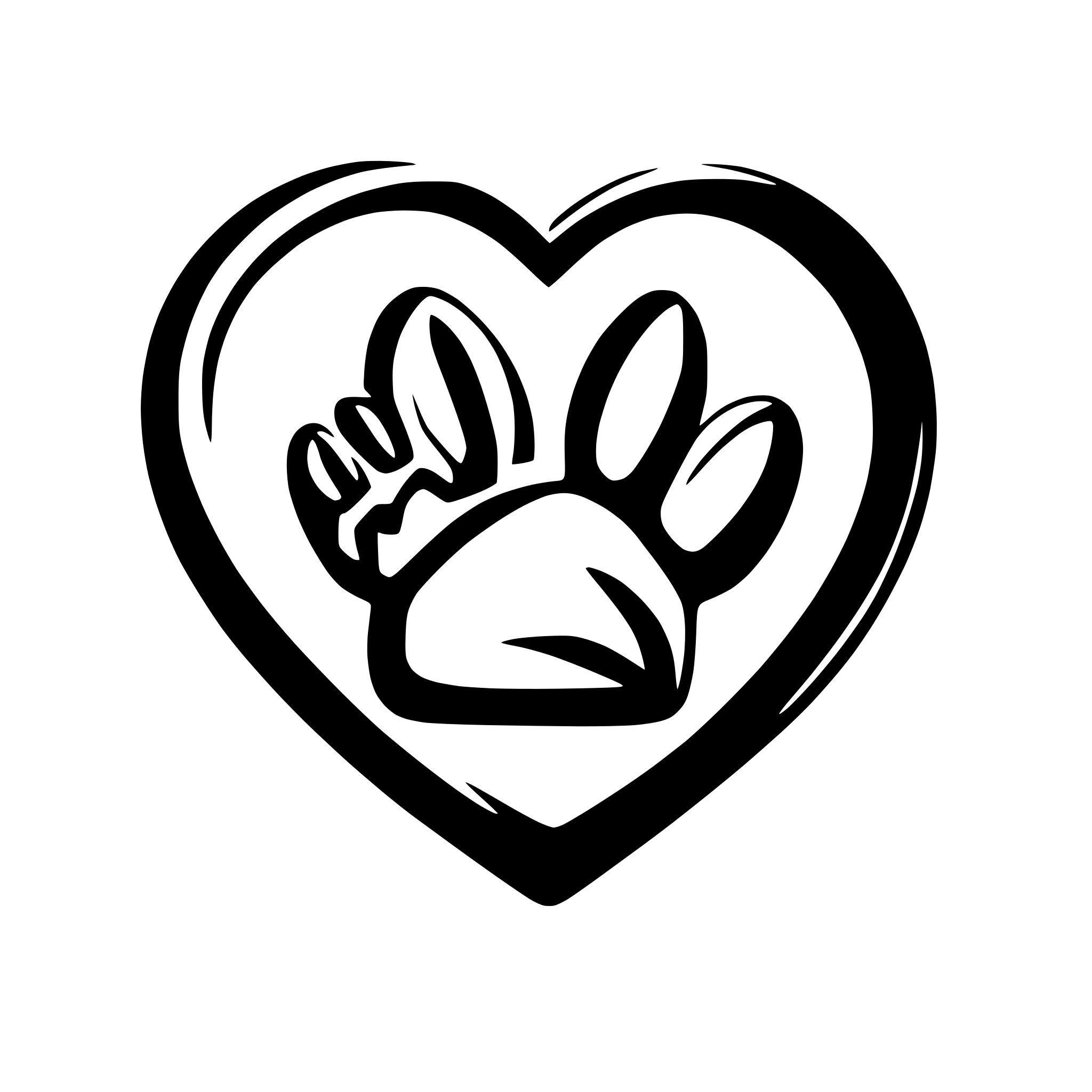 AI-generated SVG of a A friendly and welcoming scene featuring a paw print inside a heart, symbolizing love and care for all pets. Surrounding the heart, silhouettes of different animals, including a dog, cat, bird, rabbit, and reptile, represent inclusivity. The background is clean and minimal to ensure clarity when used on business cards, brochures, and signs.
