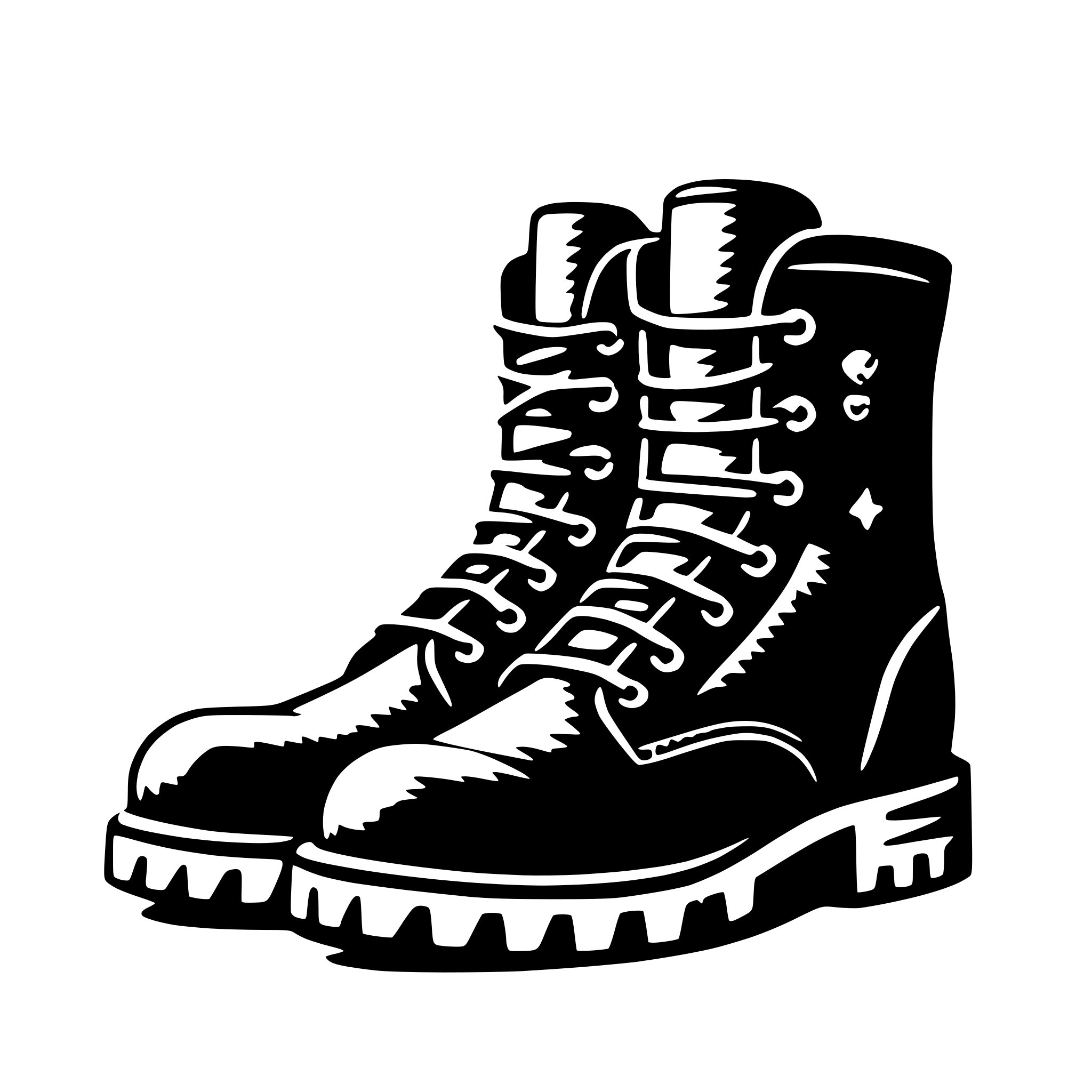 The SVG shows a single boot with a lace-up design. The boot is black and white, with the laces and the sole depicted in white against a black background. The boot appears to be standing upright, with the toe pointing forward and the heel raised. The sole has a pattern of small, raised dots, and the laces are tied in a bow at the top. The boot is centered in the SVG, and there are no other objects or interactions depicted. 