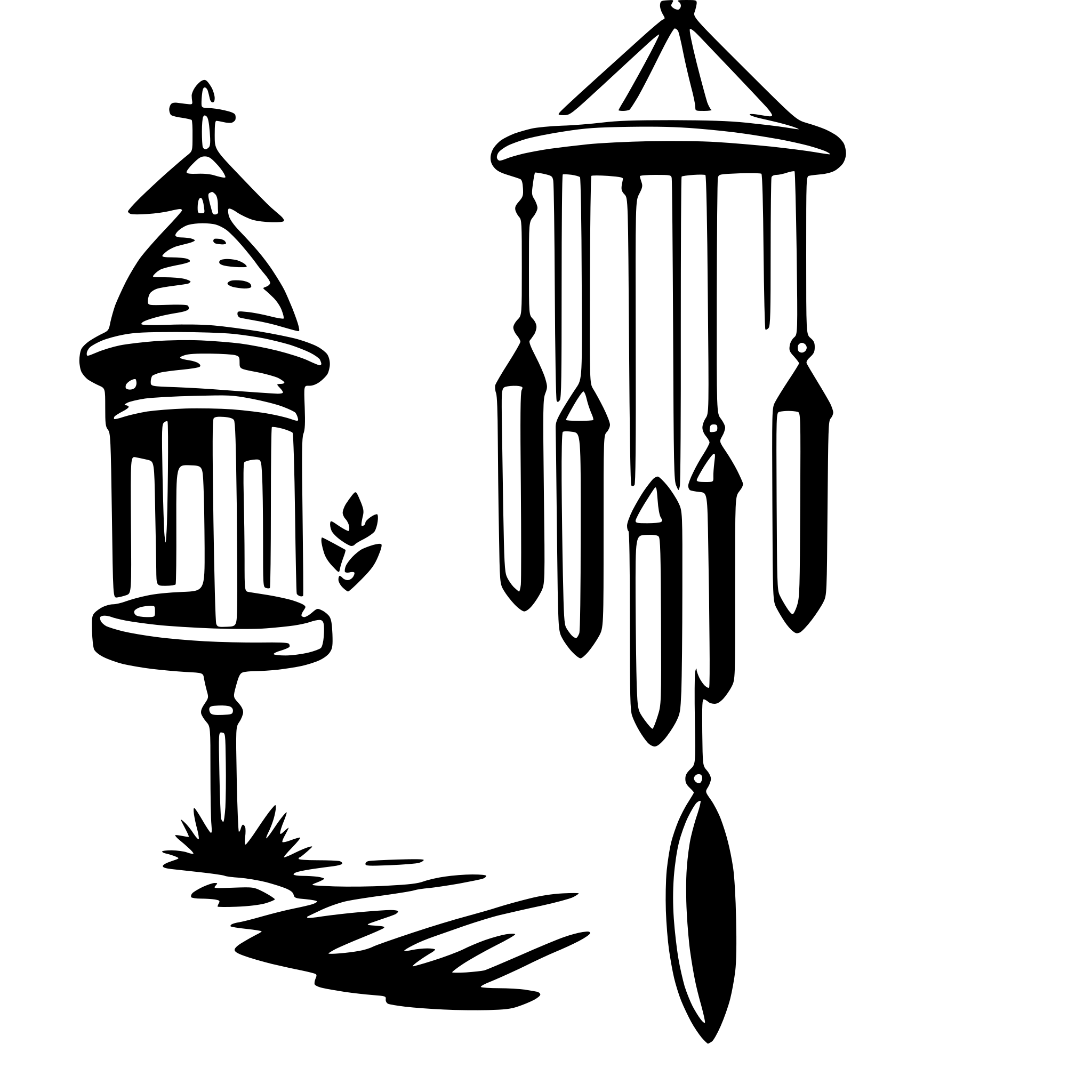 The SVG shows two main objects: a birdhouse and a wind chime. The birdhouse is on the left side of the SVG, and it has a pointed roof and a small opening. The wind chime is on the right side, and it consists of a series of tubes or pipes hanging from a central rod, which is connected to a vertical post. The wind chimes are depicted in a simplified, stylized manner with no intricate details. The birdhouse and the wind chimes are not interacting with each other; they are separate objects in the SVG. 