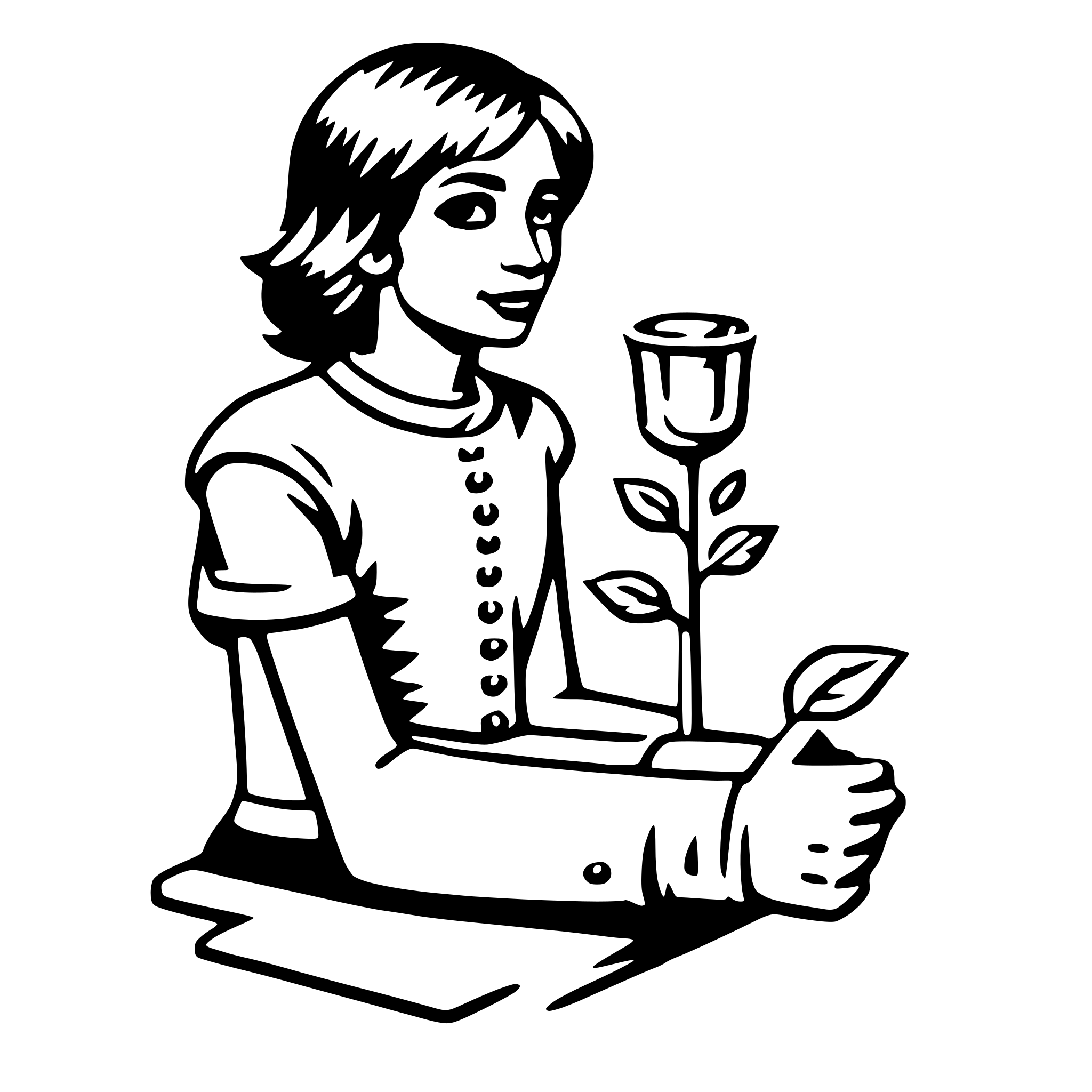 The SVG depicts a stylized line drawing of a person holding a rose with leaves. The person is seated and appears to be smiling. The rose is held in the person's left hand, and the leaves are visible in the right hand. The person is wearing a short-sleeved blouse with buttons down the front. The background is plain and does not provide any additional context or setting. 