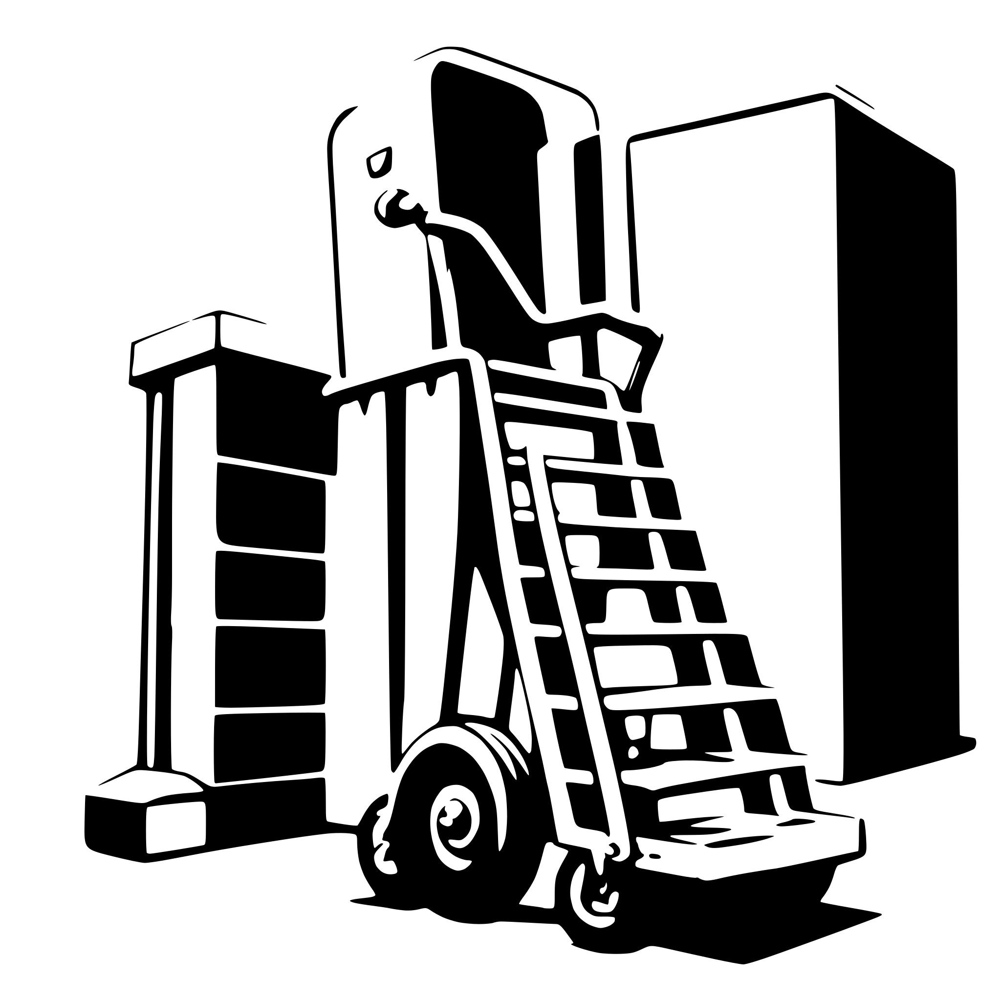 AI-generated SVG of a A stair-climbing hand truck carrying a package, smoothly ascending a staircase. The stair-climbing device has robust wheels designed to tackle steps, with a large, securely strapped package.