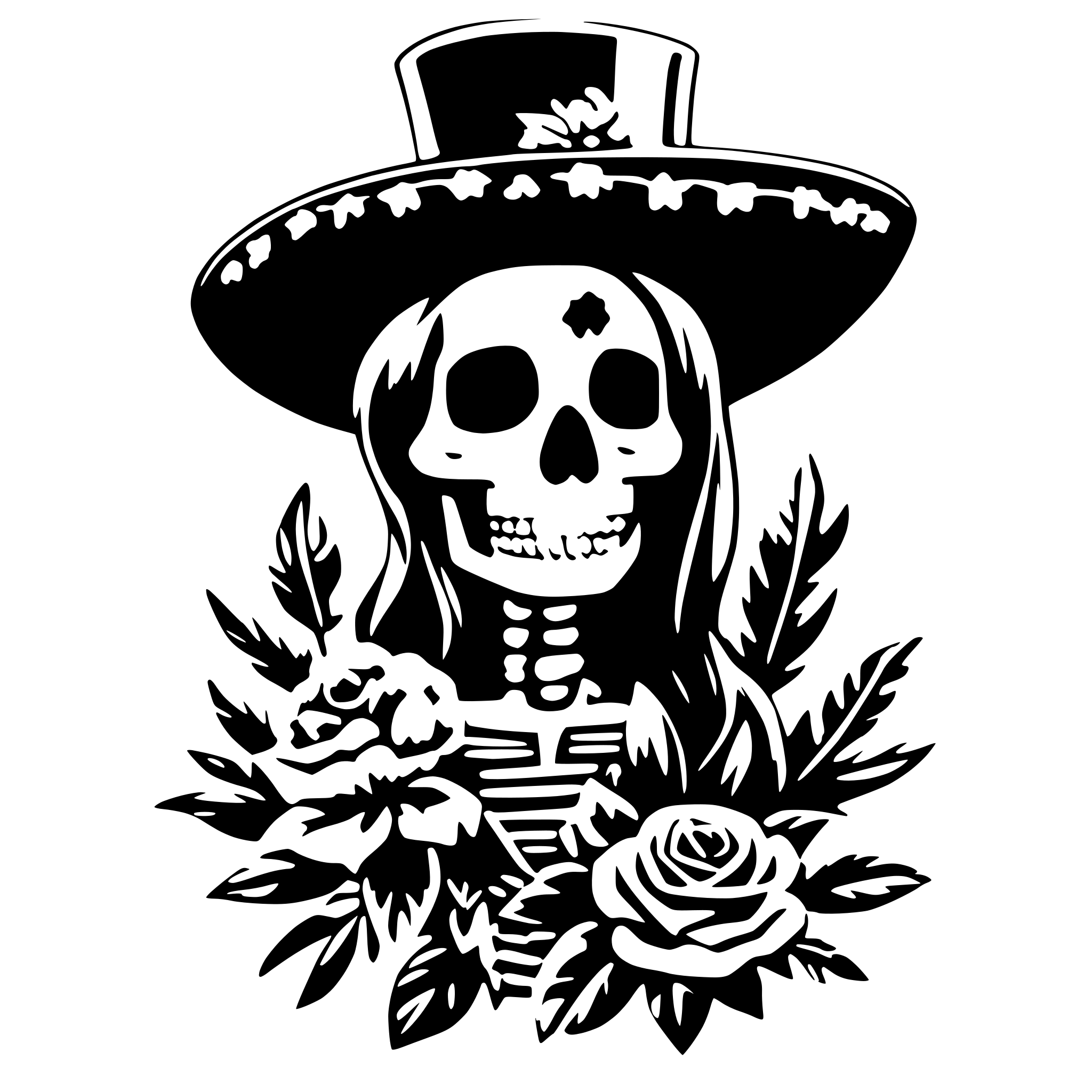 AI-generated SVG of a skeleton catrina with large hat with flowers and feathers