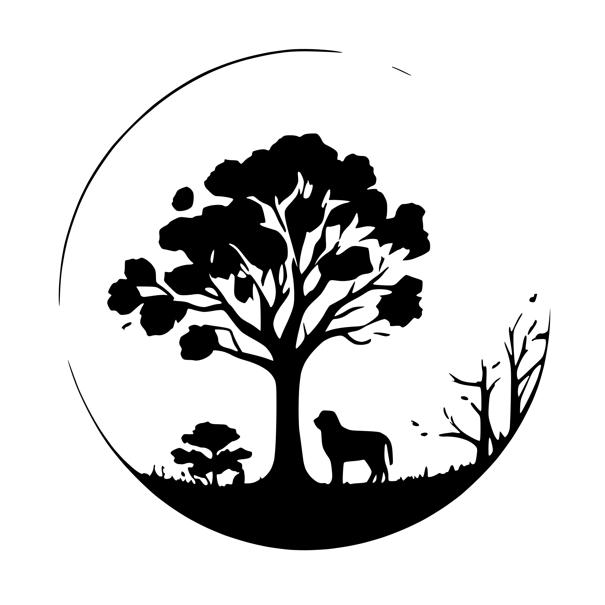 AI-generated SVG of a very large oak tree with a golden retriever sitting under it in a circle