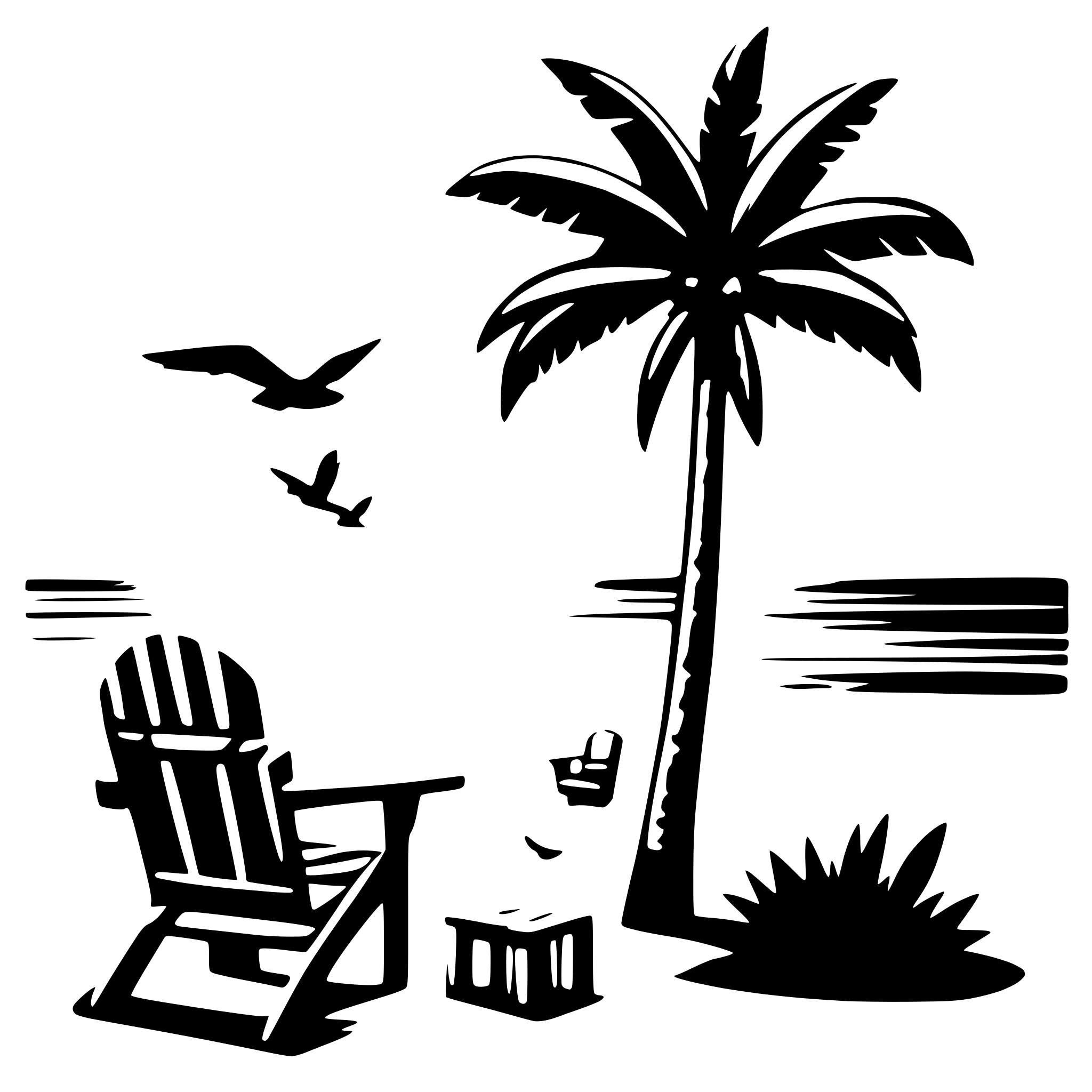 AI-generated SVG of 'palm trees on the beach with adirondack chairs and birds flying in front of the sunset'