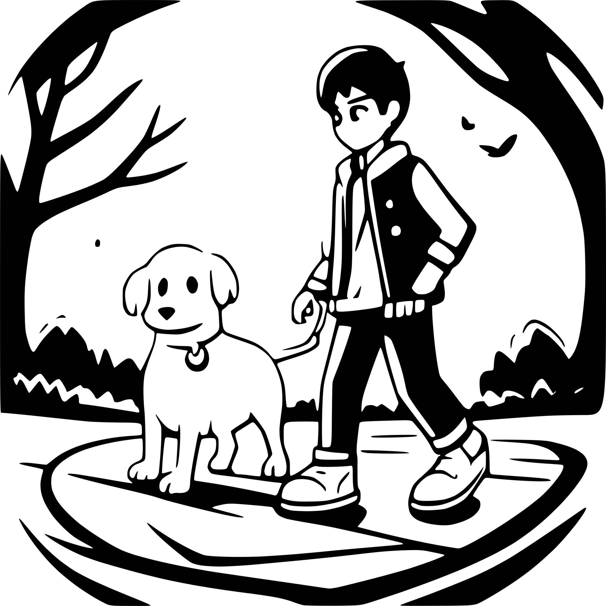 AI-generated SVG of a Two brown boys with curly black hair are walking a white Maltese puppy in the park.