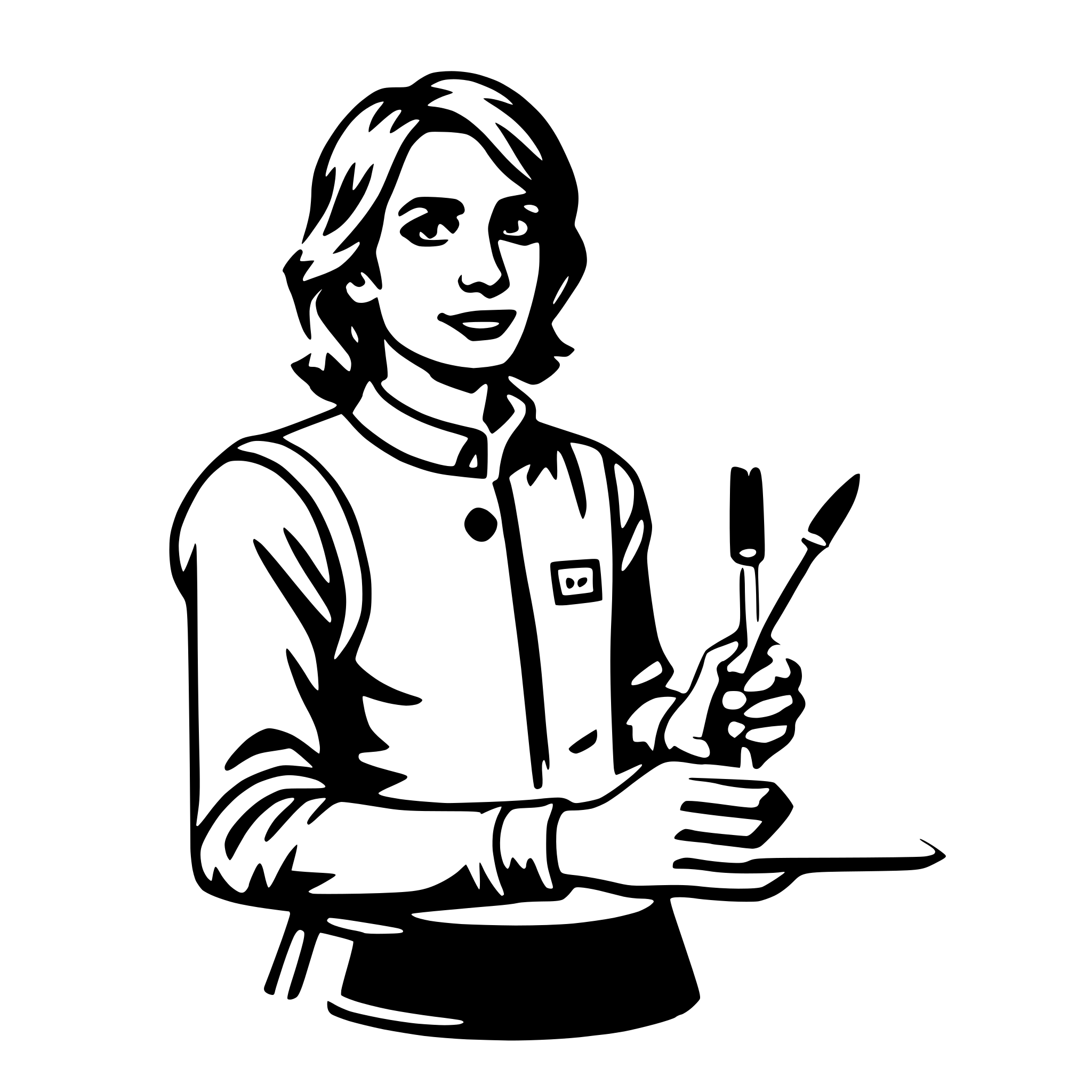 The SVG depicts a stylized illustration of a person, likely a chef or a cook, given the attire and the tools they are holding. The person is wearing a white apron with a black collar, suggesting a professional kitchen setting. They are holding a palette knife in one hand and a paintbrush in the other, which is an unusual combination for a chef, implying a creative or artistic aspect to their work. The person is smiling and looking directly at the viewer, giving a friendly and welcoming impression. The overall style is simple and cartoon-like, with bold outlines and minimal shading. 