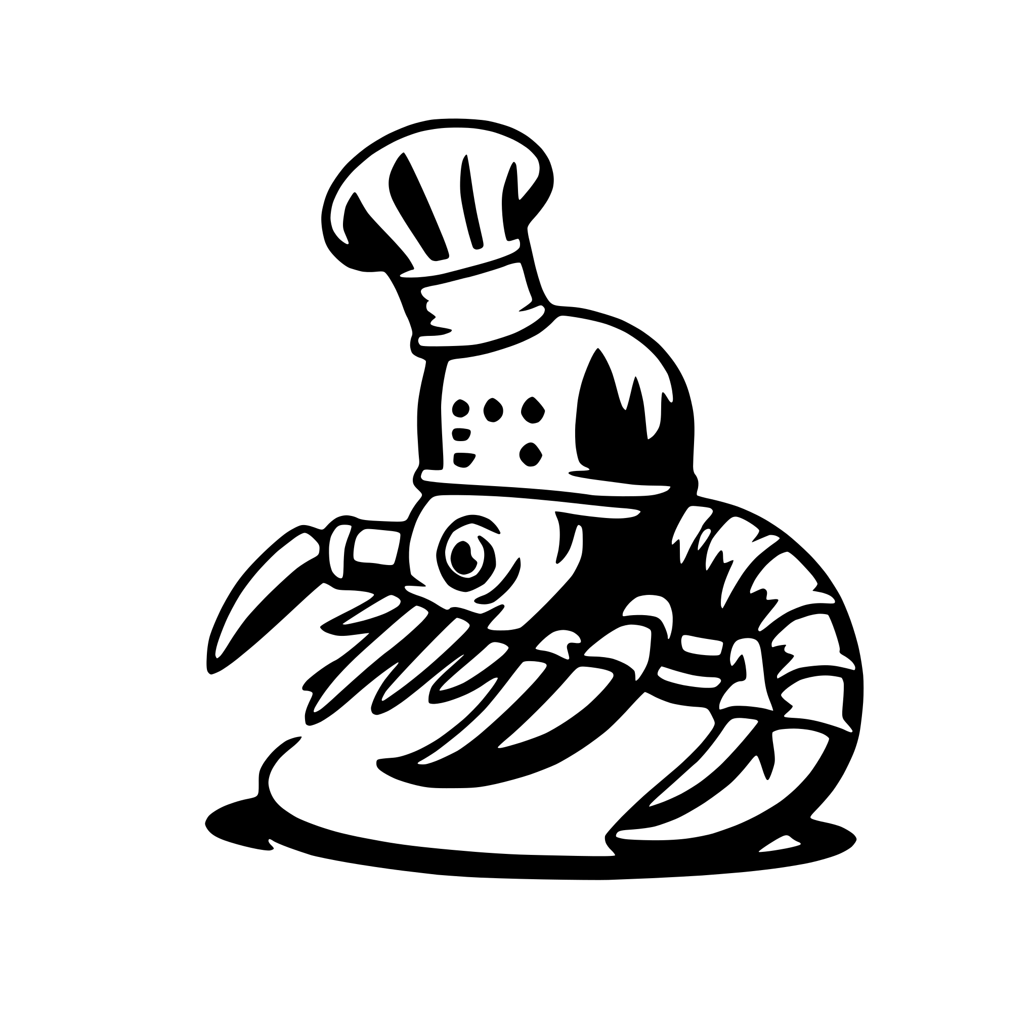 The SVG depicts a stylized, cartoonish lobster. The lobster is wearing a chef's hat, which is a common symbol for a chef. The lobster's claws are raised, as if it is waving or greeting someone. The lobster's body is elongated, and it has a pair of antennae on its head. The chef's hat is detailed with a small hole at the top, and there are small dots on the lobster's body, possibly representing eyes or other features. The lobster is positioned on a flat surface, and there is a small shadow beneath it, suggesting a light source from above. The overall style of the SVG is playful and whimsical, with a clear focus on the lobster character. 