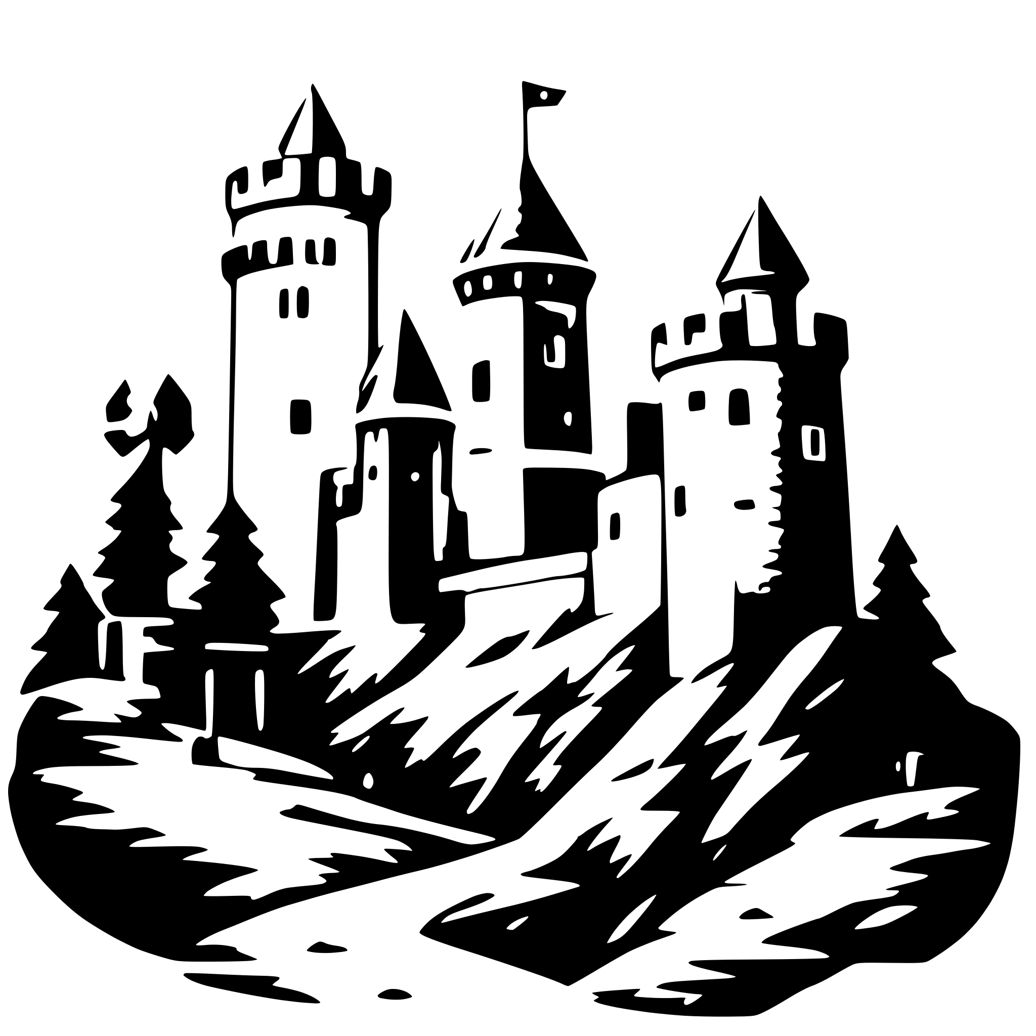 AI-generated SVG of '2d simple castle wall and 3 towers on a cliff'