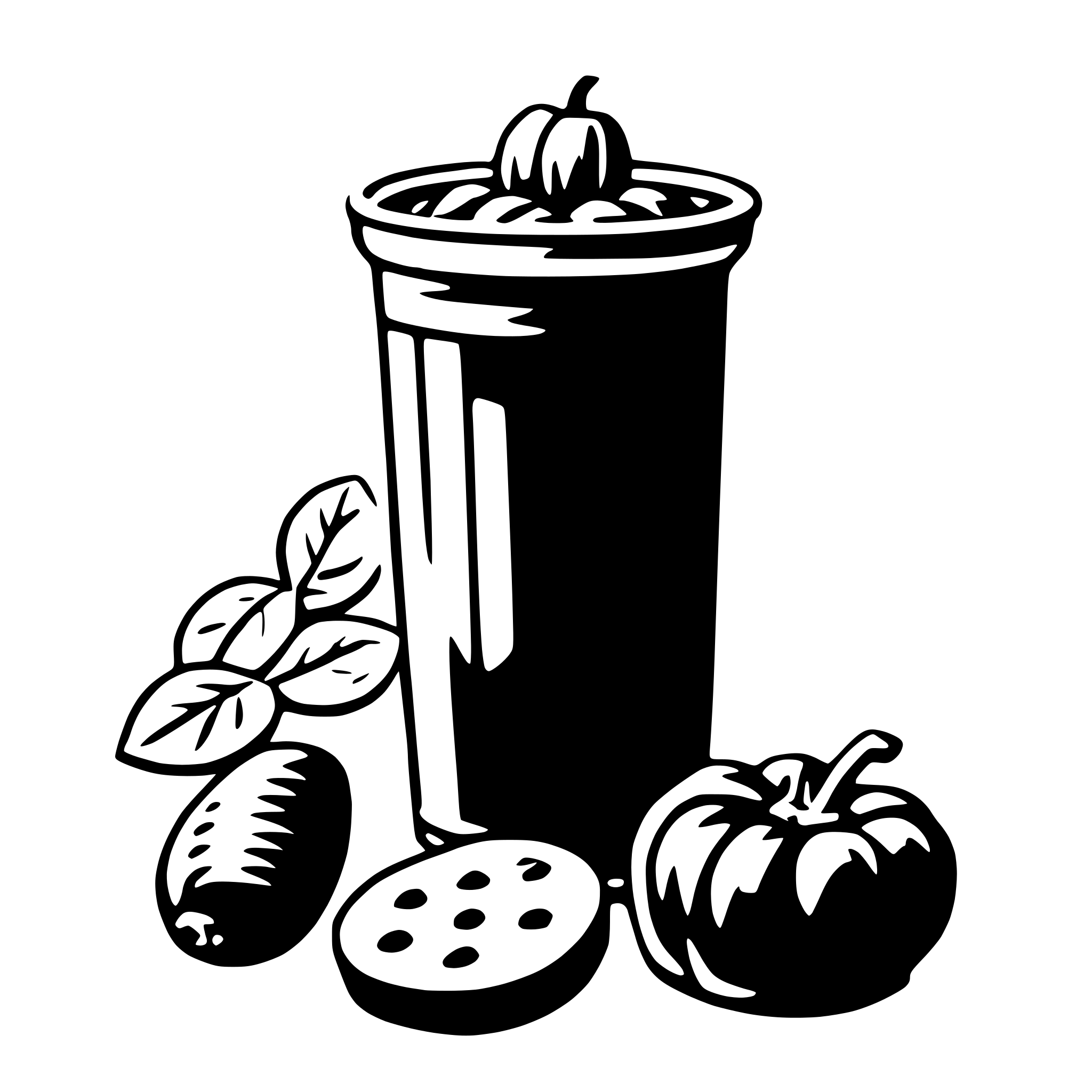 The SVG depicts a black and white illustration of a cup filled with what appears to be a plant or herb, accompanied by a few leaves and a whole pepper. The cup is placed on a surface, and the leaves and pepper are arranged around it, suggesting a theme of cooking or herbal preparation. The illustration is simple and uses solid black lines against a white background, emphasizing the shapes and outlines of the objects. 