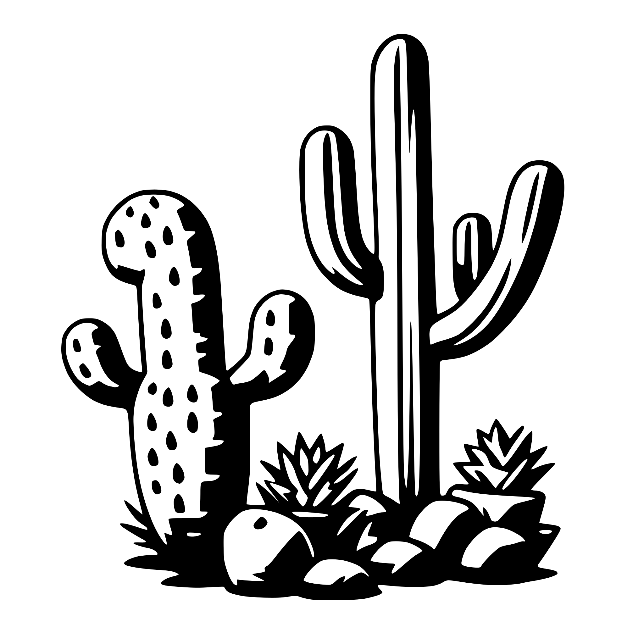 The SVG features two cacti and some desert plants. The cactus on the left is larger and has a more rounded shape, with a few spines on top. The cactus on the right is smaller and has a more pointed shape, with a single spine on top. Between the cacti, there are two small desert plants with spiky leaves. The cacti and plants are depicted in a simplistic, cartoon-like style, with solid outlines and minimal shading. The background is plain white, which contrasts with the dark outlines of the cacti and plants, making them stand out. There is no interaction between the objects; they are simply depicted side by side. 