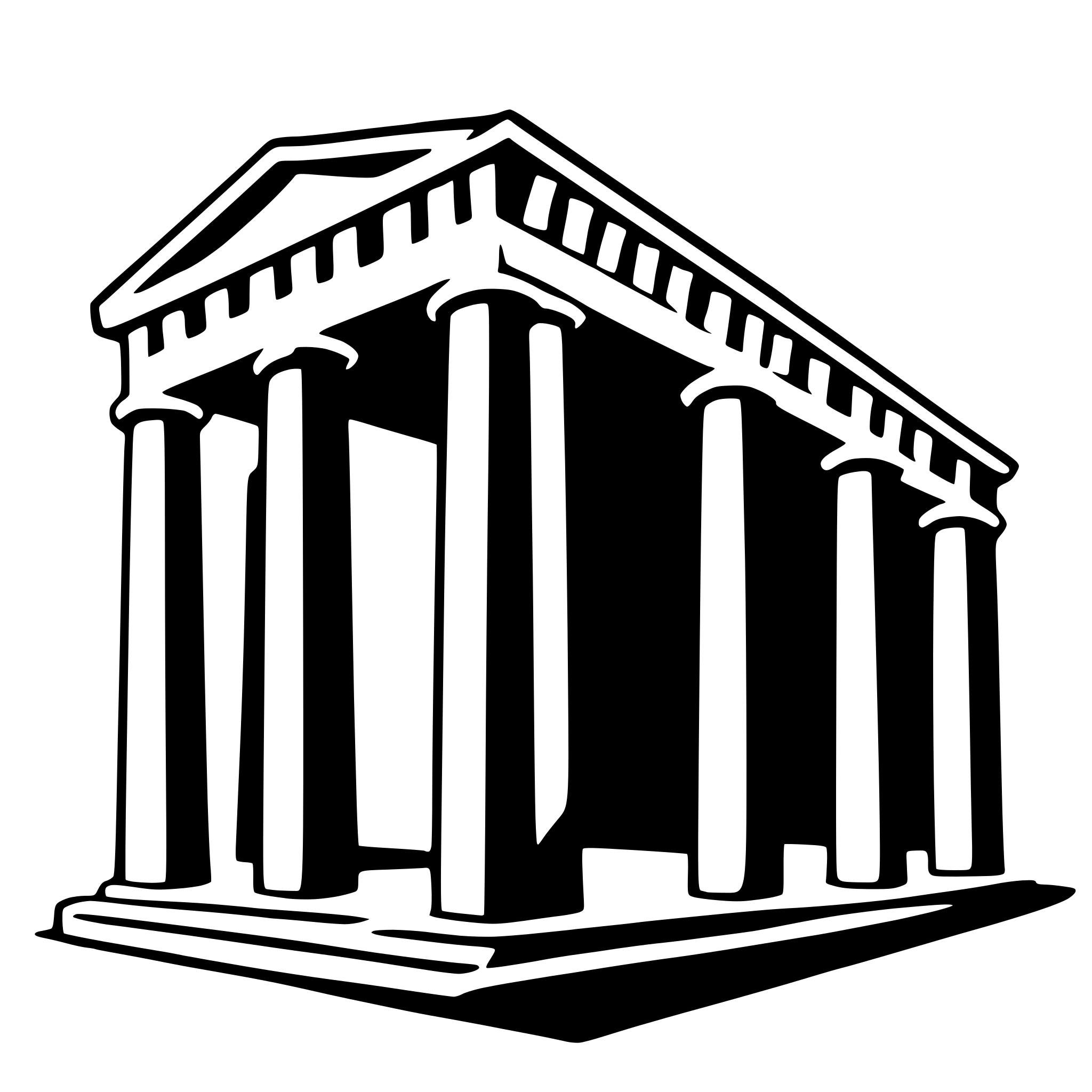 The SVG depicts a stylized, simplified representation of a classical Greek temple. The temple features a central pediment with a triangular gable, flanked by two columns on either side. The columns are tall and slender, with a series of vertical lines that suggest the structure of the columns. The temple is set against a plain background, and there is no interaction between the objects as it is a static graphic. 