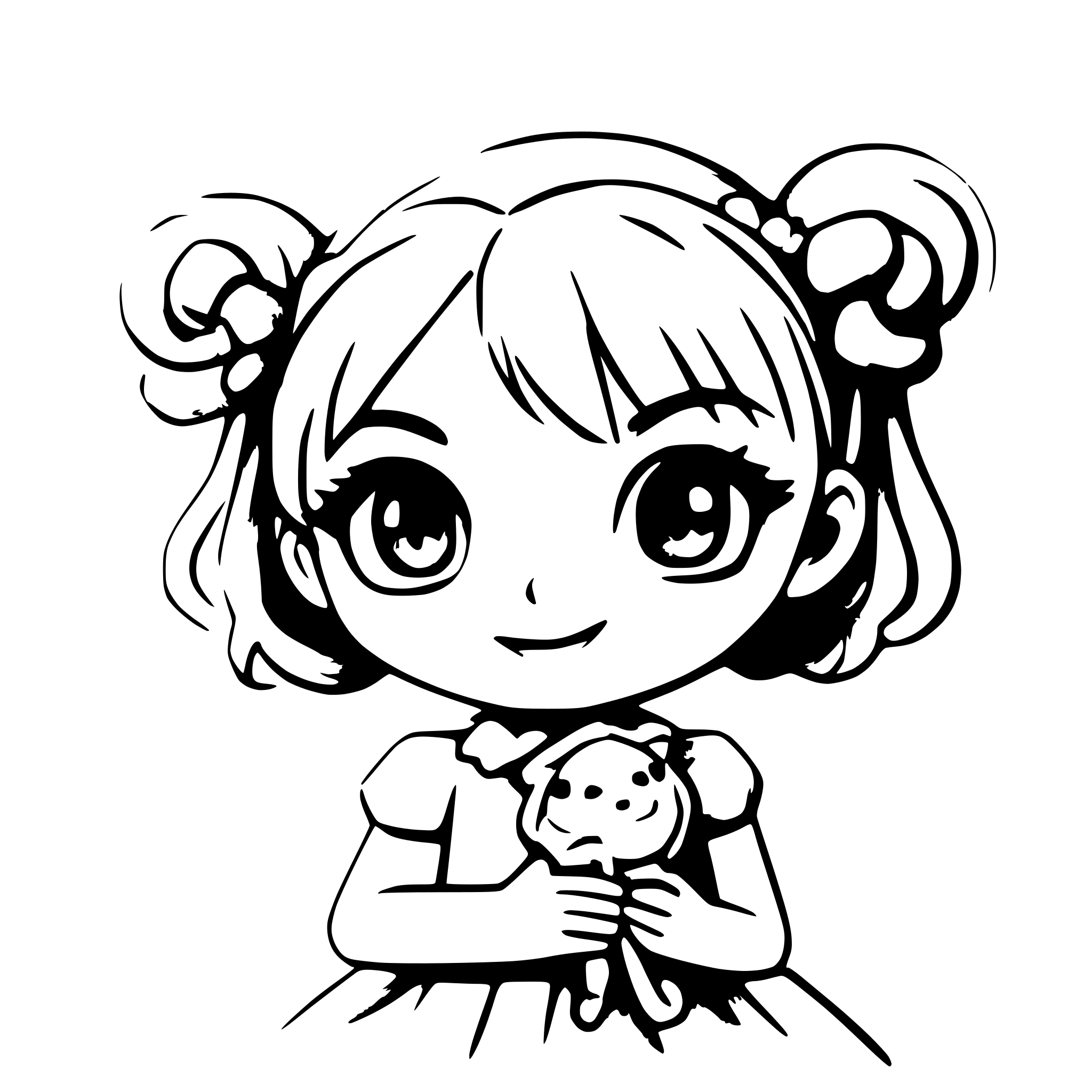 AI-generated SVG of a A cute chibi girl with big sparkling eyes and a cheerful smile, wearing a pastel-colored dress with frilly details. Her hair is a soft pink with lavender streaks, styled in two playful pigtails tied with ribbons. She’s holding a tiny stuffed animal in one hand and a lollipop in the other. The background is a dreamy, soft cloud-filled sky with a few stars twinkling around her. She has a joyful, innocent expression, radiating a sense of happiness and warmth