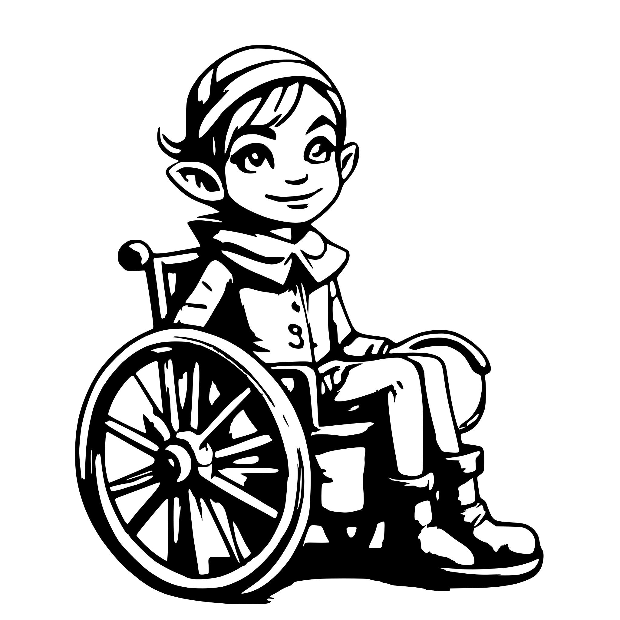 AI-generated SVG of a Boy dressed in elf costume sitting in a custom wheelchair nostalgic