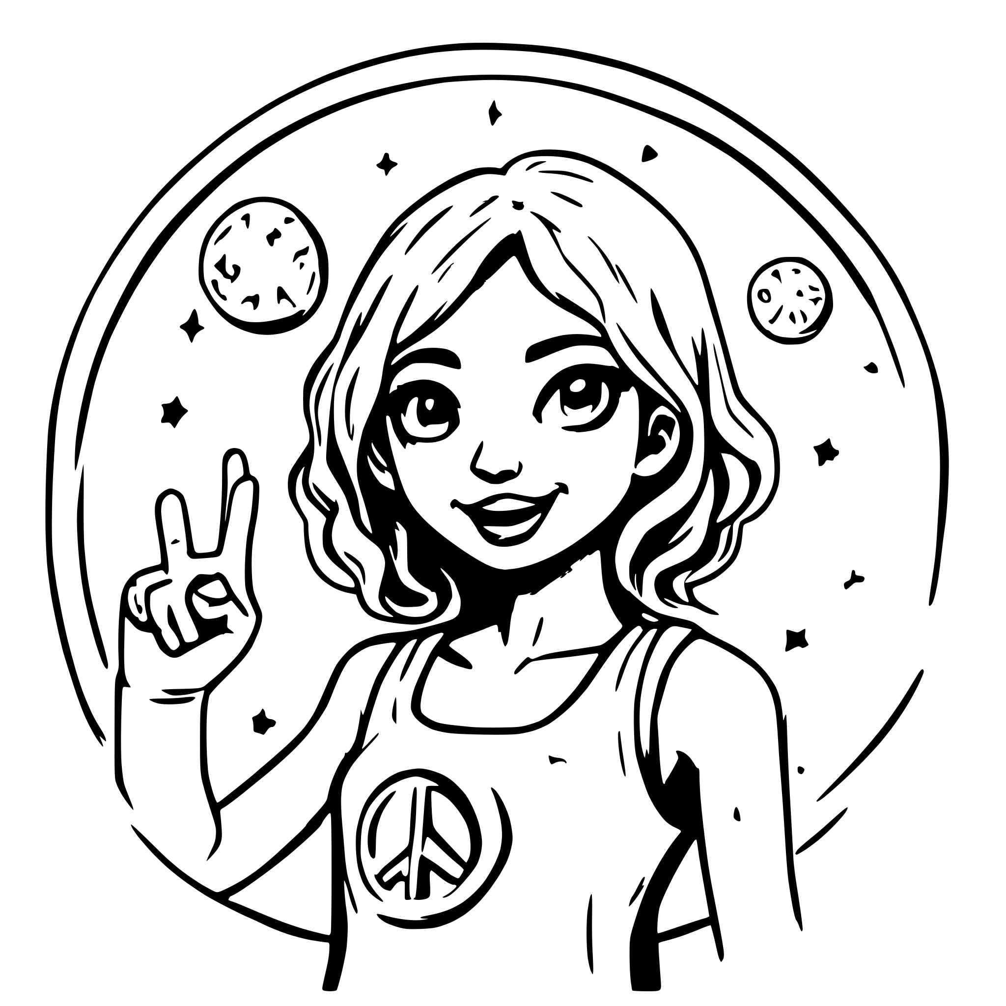 AI-generated SVG of a Cute zombie girl with huge breasts wearing tank top smiling showing a peace gesture with her hand. Scars on mouth and head.
Picture is encircled in a circle looking like monetary coin with stars and moon in the background.