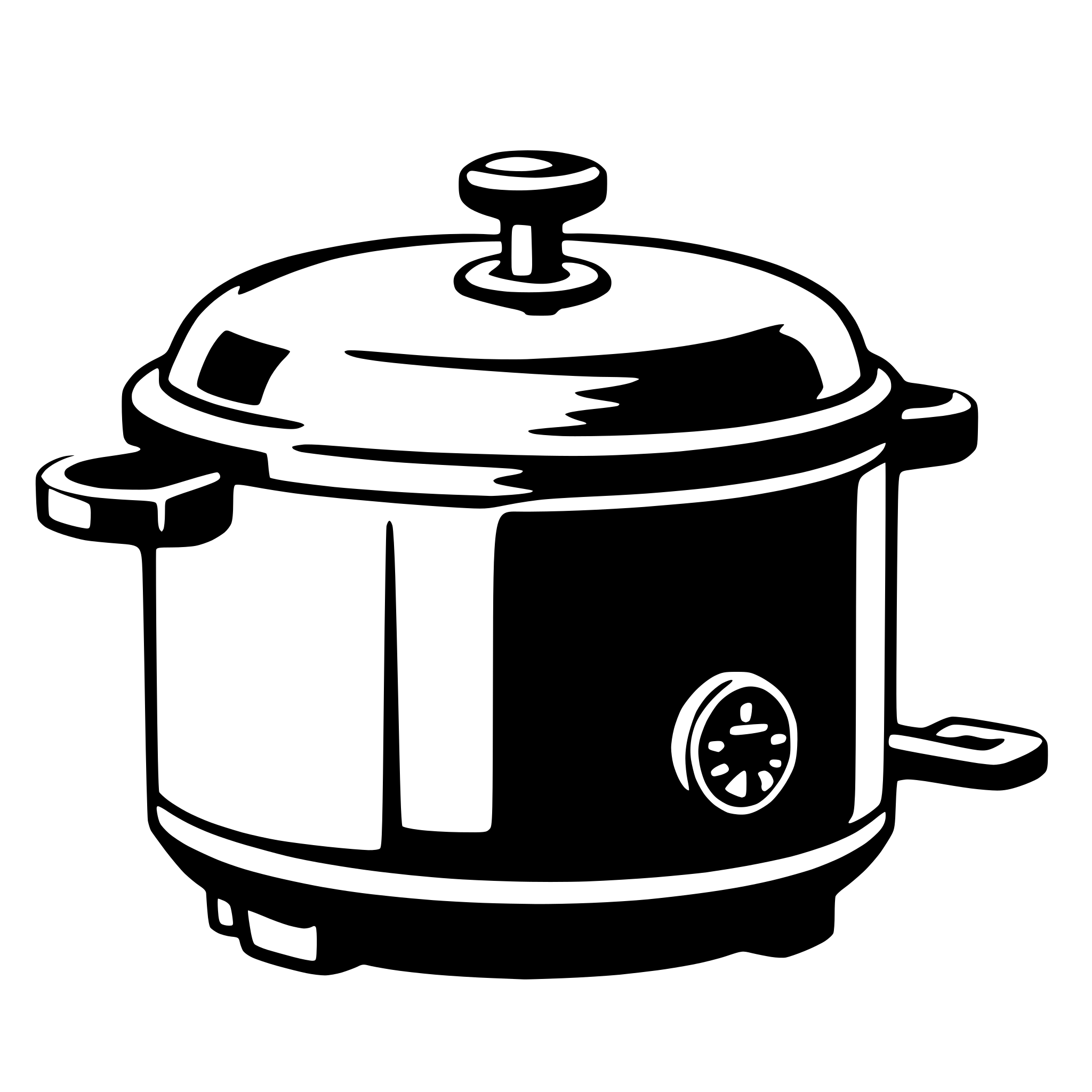 The SVG shows a simple, stylized illustration of a crockpot or slow cooker. The crockpot has a cylindrical shape with a lid and a handle on one side. There is a visible clock face on the front of the lid, indicating the time. The crockpot appears to be sitting on a surface, but the base is not visible in the SVG. The illustration is minimalistic, with no additional details or text. 