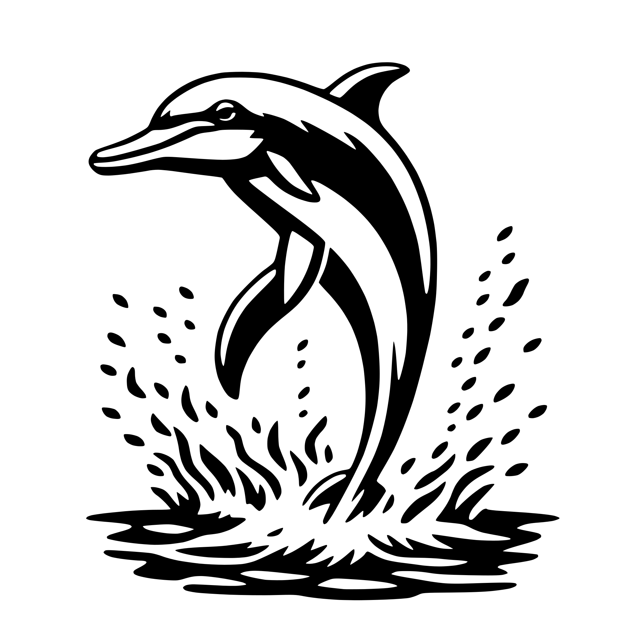 The SVG depicts a stylized black and white illustration of a dolphin. The dolphin is shown in a dynamic pose, with its body angled upwards and its tail fin extended downwards, suggesting movement through water. The dolphin is surrounded by a splash of water, which is represented by a series of droplets and lines radiating outward from the dolphin's position, conveying the idea of the dolphin's movement creating a wake in the water. The style of the illustration is simplistic and cartoonish, with bold outlines and minimal shading. 