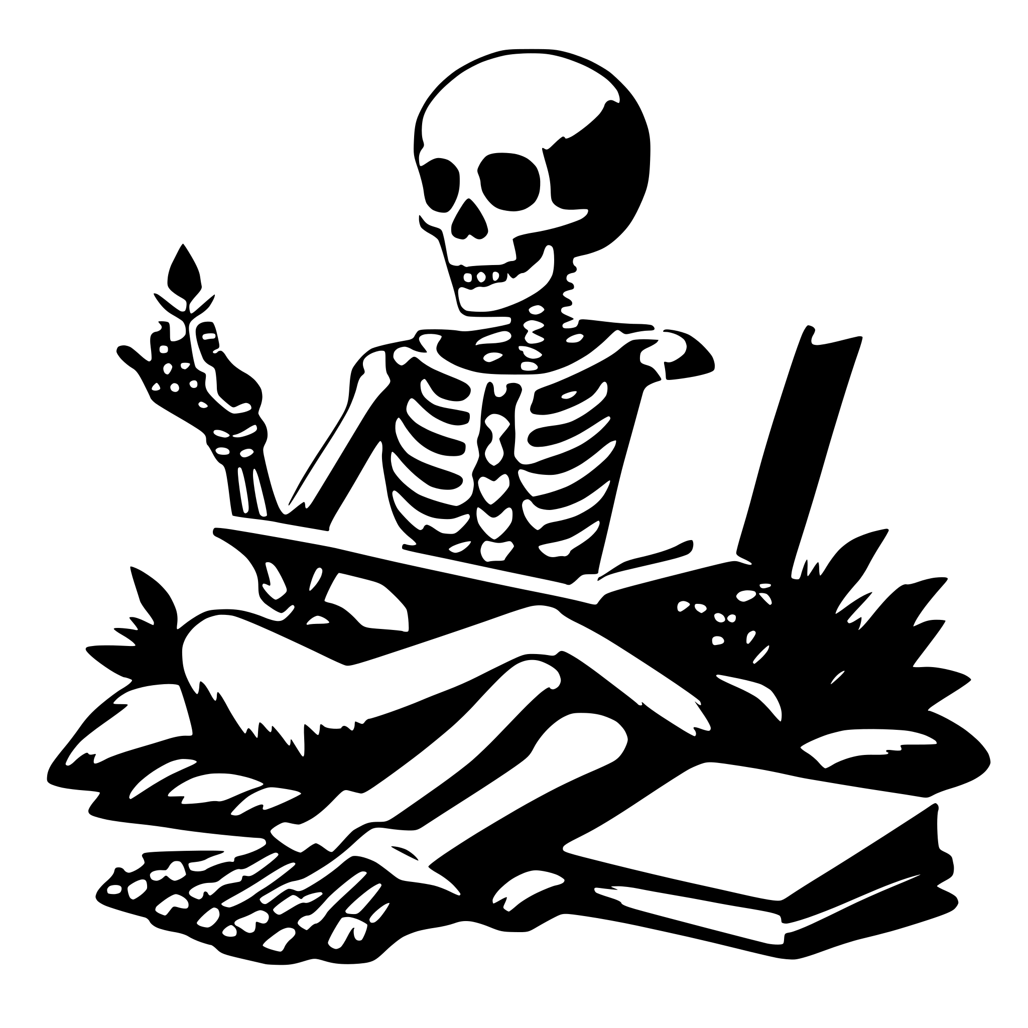 AI-generated SVG of a skeleton reading a book