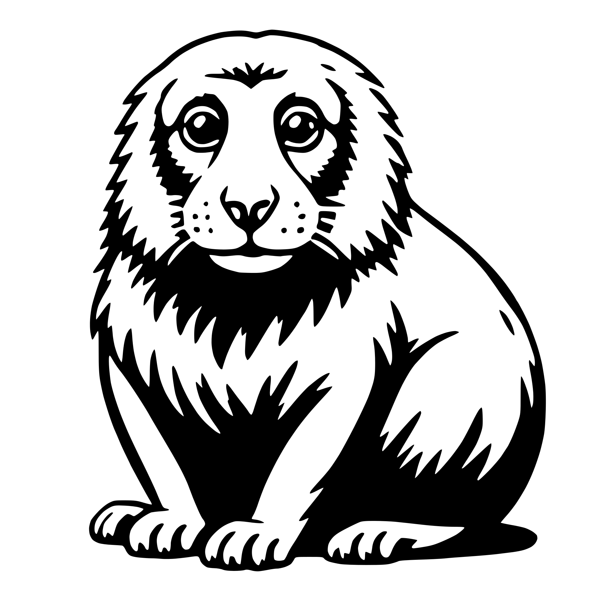 The SVG shows a stylized black and white illustration of a lion. The lion is depicted in a sitting position with its front paws extended forward and its hind legs tucked under its body. It has a mane that stands upright along the neck, and its facial features include a prominent nose, two large eyes, and a mouth with visible teeth. The lion's tail is curled around its body. The SVG is simple and does not contain any additional objects or interactions. 