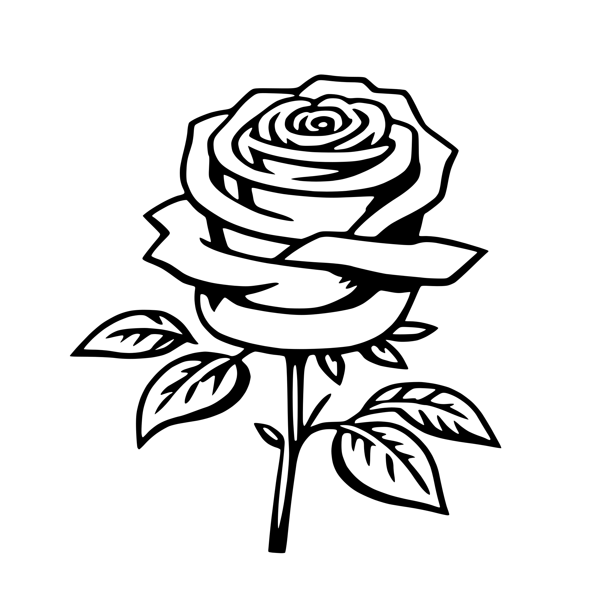 The SVG depicts a single rose with a stem and leaves. The rose is in full bloom, with its petals spread out, revealing the inner layers. The stem is thin and extends upwards, supporting the rose. The leaves are attached to the stem and are detailed with veins, indicating their natural texture. The rose and its leaves are the main objects in the SVG, and there is no interaction between them; they are simply depicted in a realistic style. 