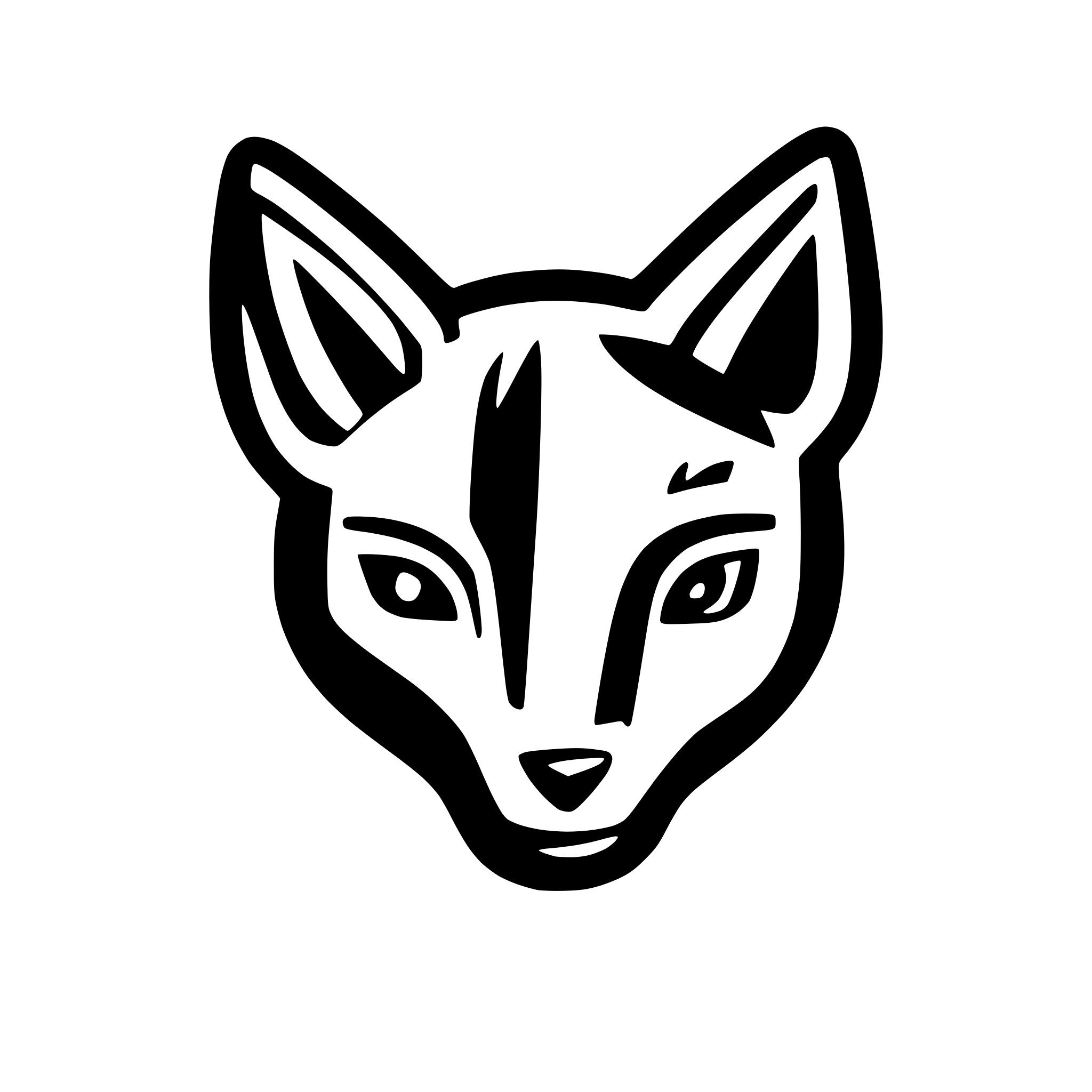 AI-generated SVG of a Coyote face. Line drawing, clean lines, simple.