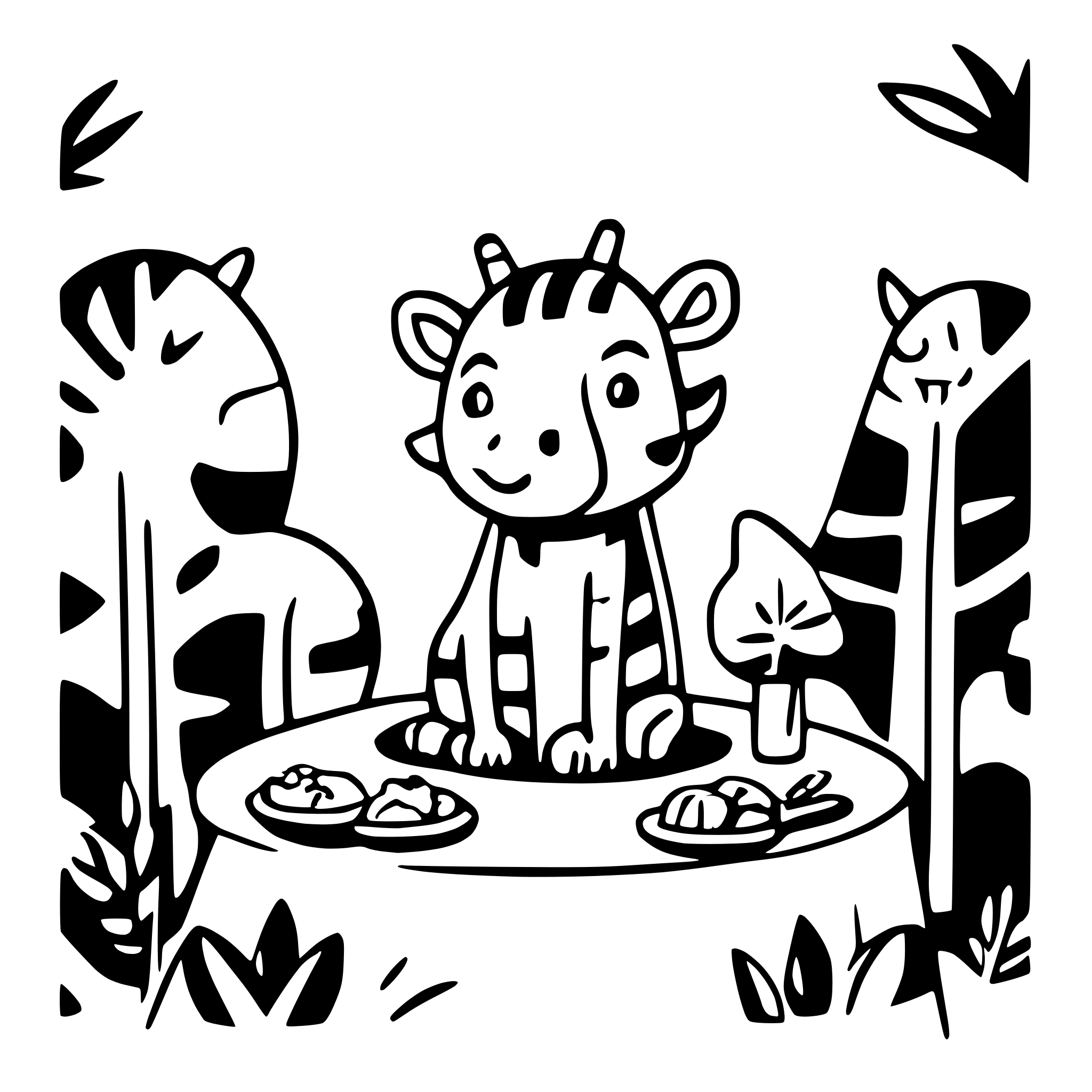 AI-generated SVG of a Crie um desenho vetorial em SVG, em traço preto e branco, estilo infantil, ideal para crianças de 7 anos colorirem. A imagem deve representar um(a) “cena com animais da savana na floresta” com áreas bem definidas e simples para colorir. Use id em cada área do SVG para permitir pintura por clique.