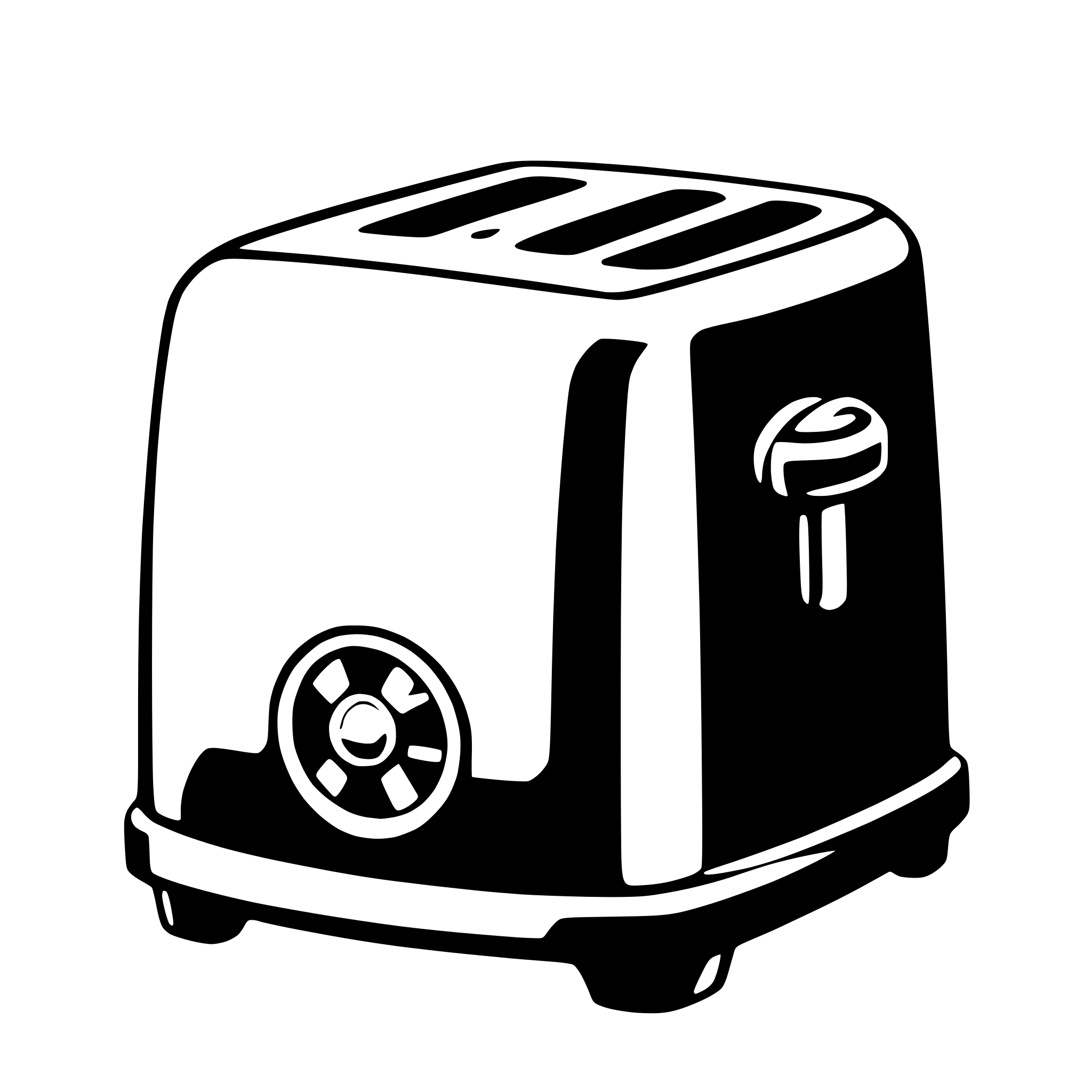 The SVG depicts a simple, stylized toaster with a single slot on the top. The toaster has a white body with black outlines, and there is a black wheel on the front, which is likely a lever for lowering the bread into the toaster. The toaster is placed on a flat surface, and there is a small, circular design on the front, possibly indicating a brand or decorative element. The SVG is minimalistic and does not include any additional text or elements. 