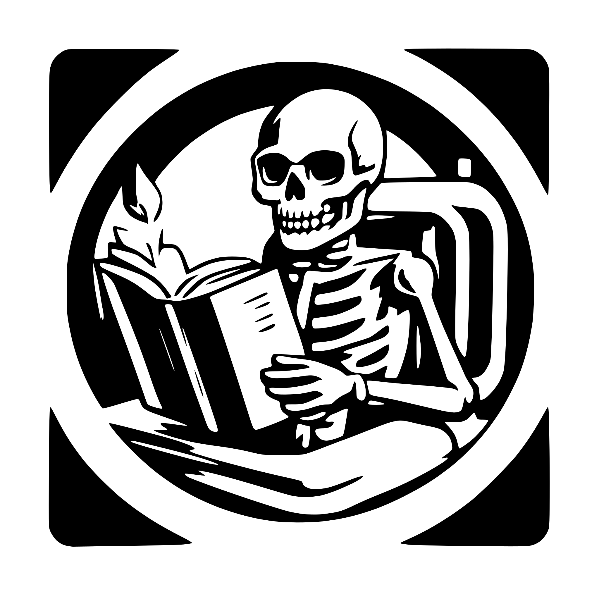 AI-generated SVG of a skeleton reading a book