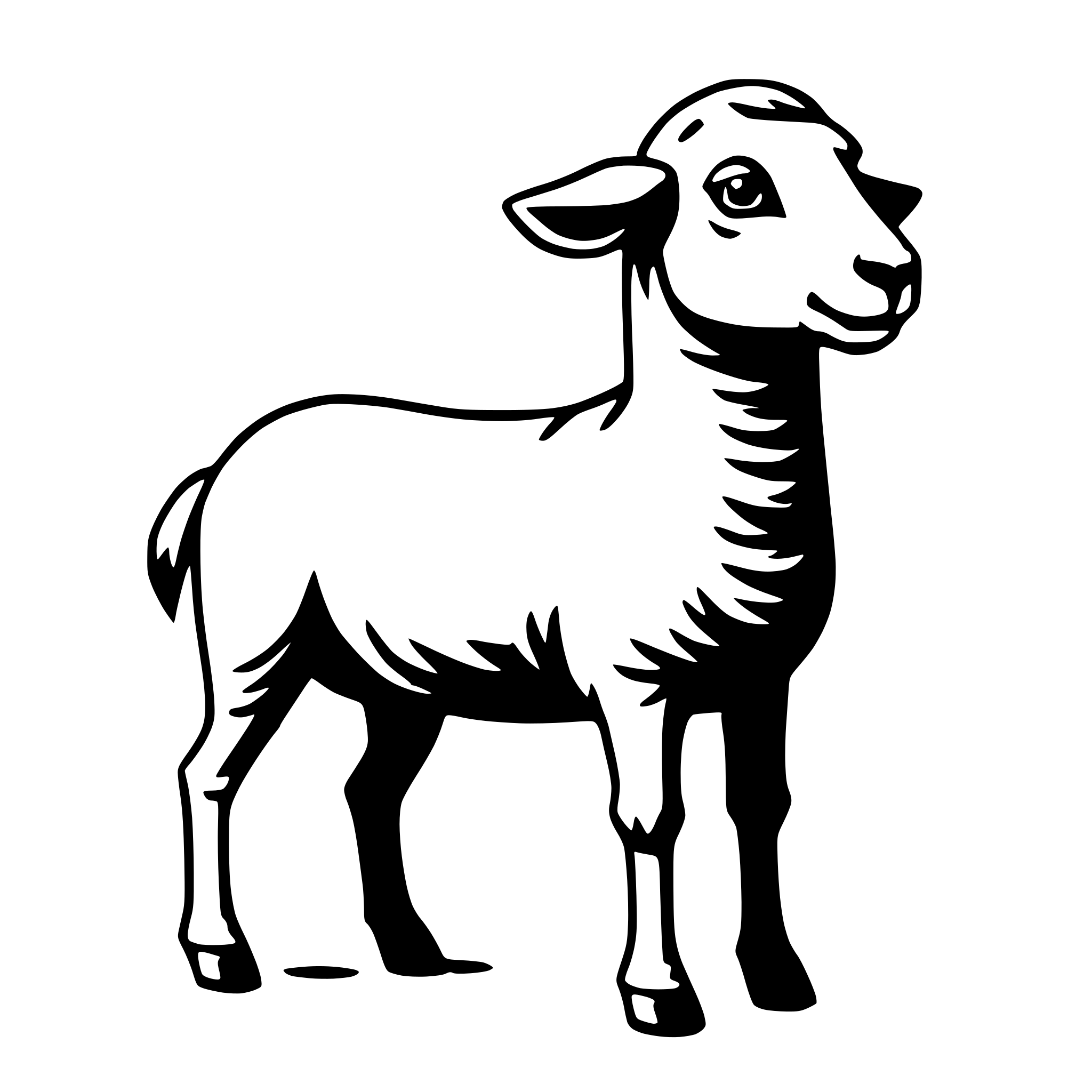 The SVG shows a simple line drawing of a sheep. The sheep is depicted with a round head, two ears, two eyes, a nose, and a mouth. It has a body with a back, a belly, and a tail. The legs are shown with two front legs and two hind legs. The sheep is standing on all fours, and the SVG is set against a plain background. There is no interaction between objects as it is a single, isolated figure. 