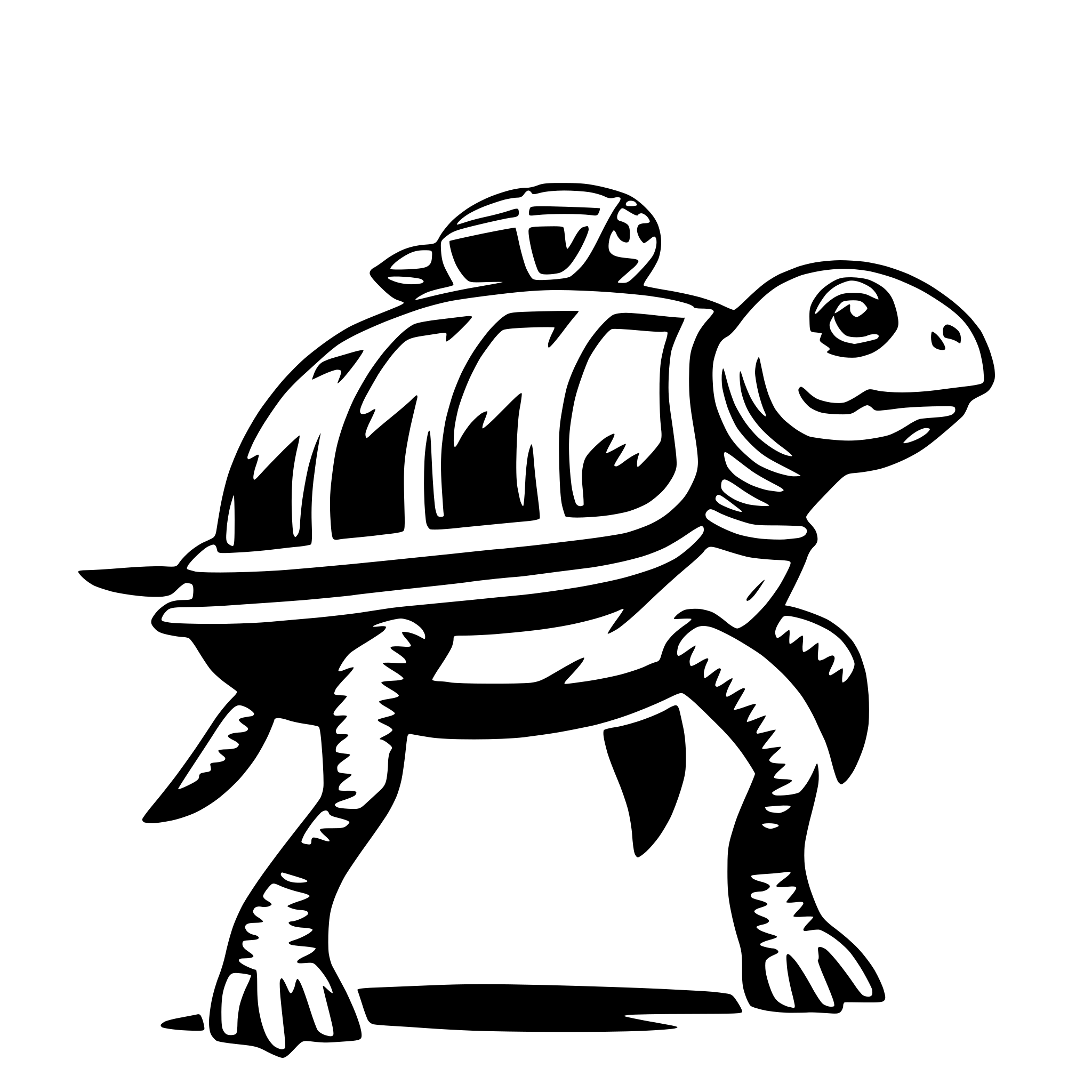 The SVG depicts a stylized cartoon turtle. The turtle has a prominent shell with a pattern that suggests segments, and it has a visible head with eyes, a nose, and a mouth. The turtle's limbs are extended outward, and it appears to be walking. There is a small object on the turtle's back, which could be interpreted as a backpack or a shell that the turtle is carrying. The turtle's tail is visible and extends behind it. The SVG is simple and uses solid lines and shapes to convey the subject. 