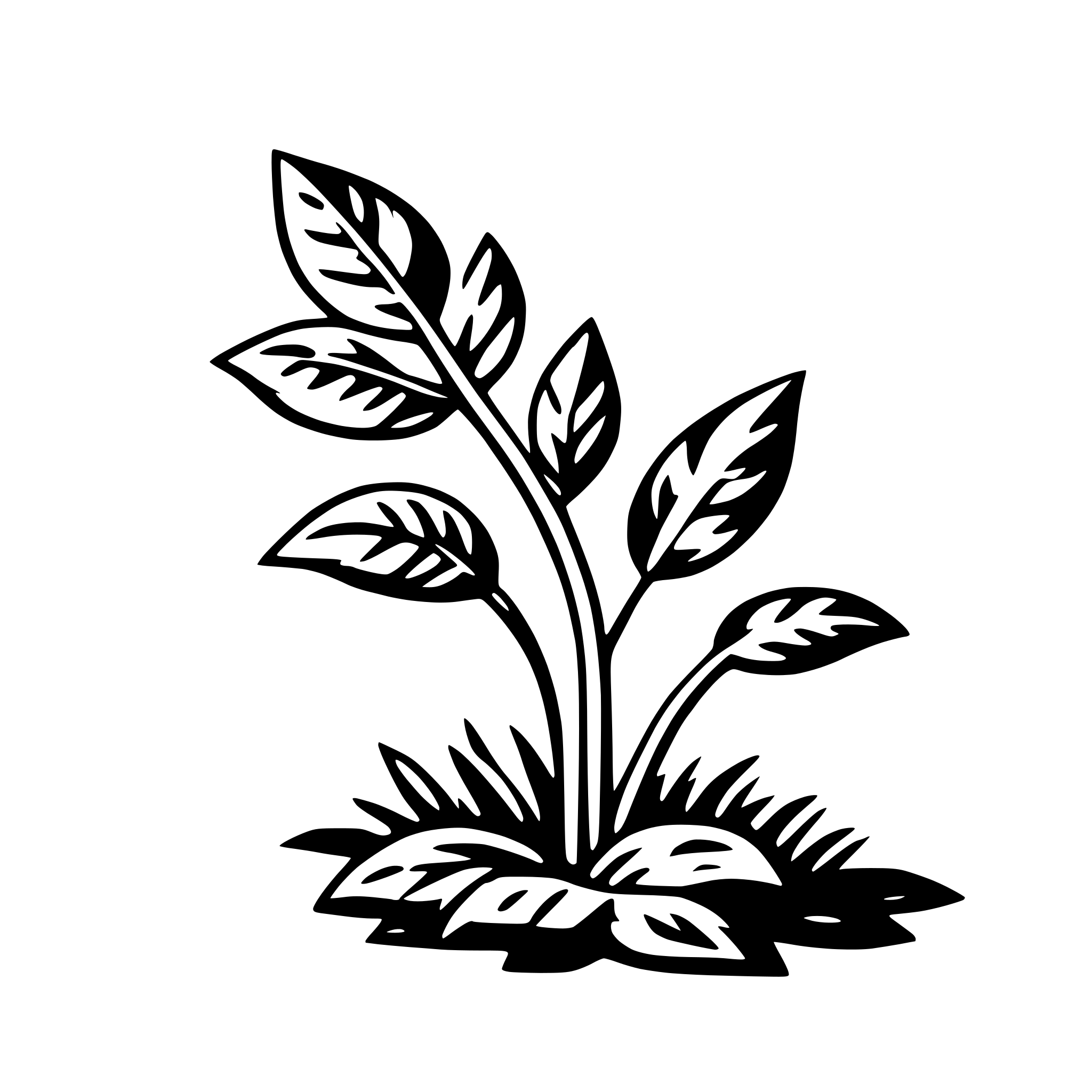 The SVG depicts a stylized plant with a prominent stem and three leaves. The leaves are arranged in a triangular pattern, with the largest leaf at the top and the two smaller leaves on either side. The stem is thin and extends downward, ending in a small, pointed leaf at the bottom. The plant is set against a plain background. The SVG is simple and uses solid lines and shapes to represent the plant. There is no interaction between the objects as it is a static SVG. 