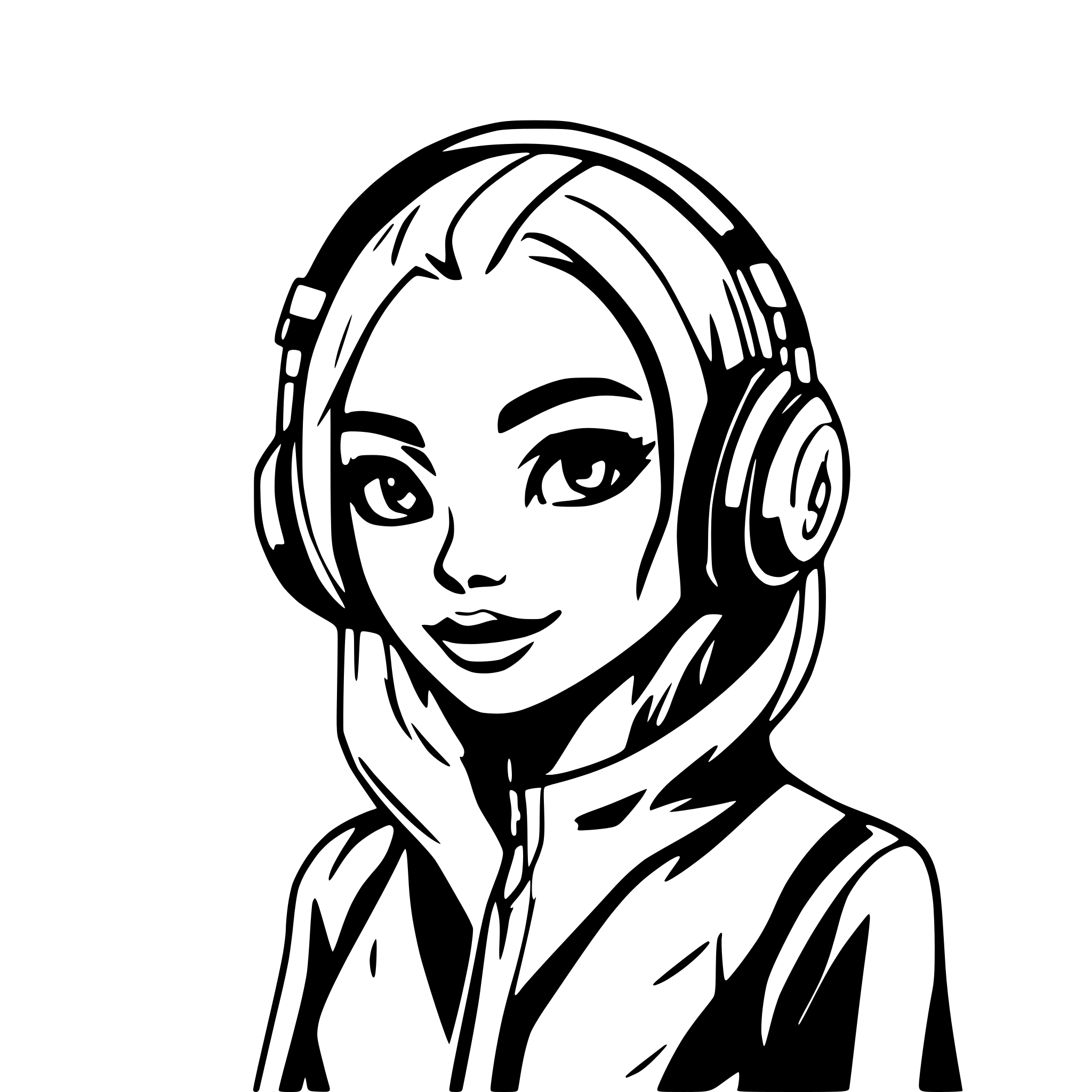 AI-generated SVG of a grey alien with headphones and nice hair, along with cross eyes, line art