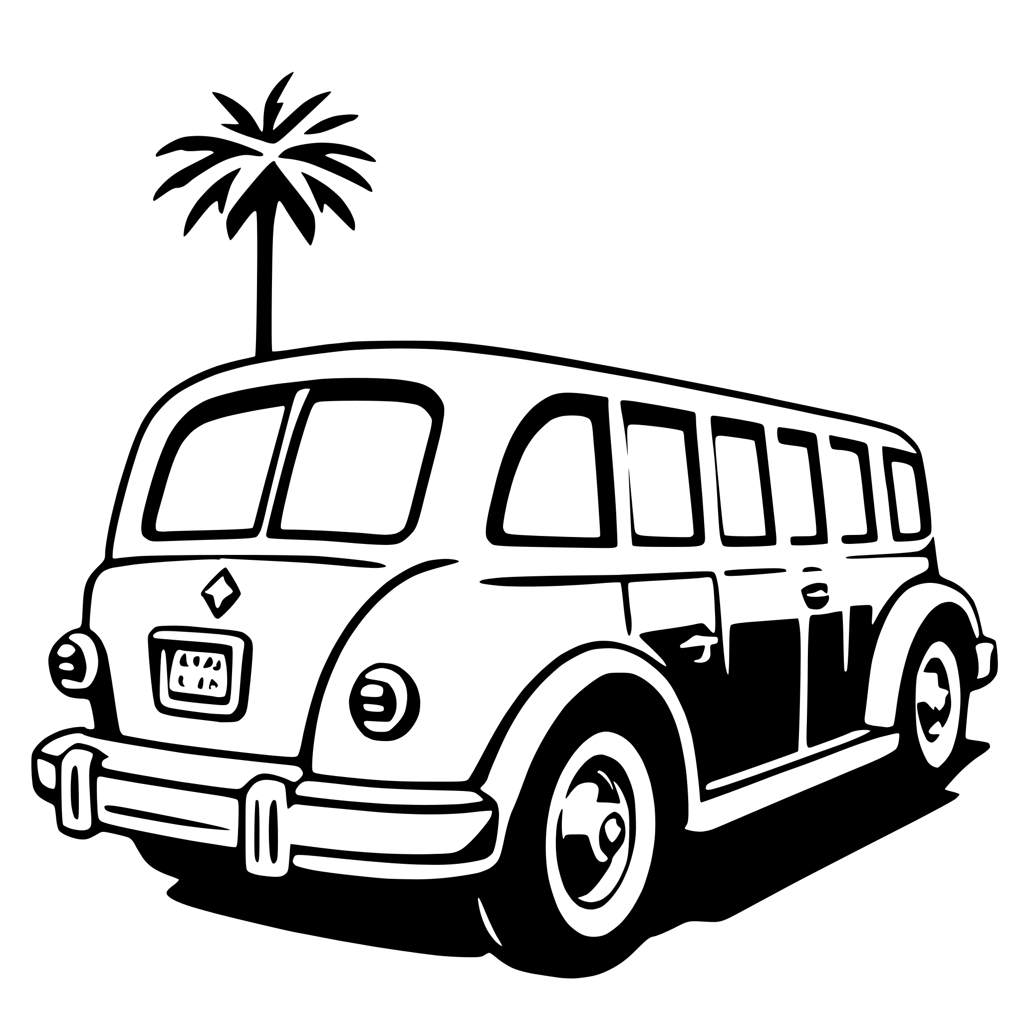 The SVG depicts a stylized, cartoon-like illustration of a vintage Volkswagen bus. The bus is shown from a three-quarter perspective, with the front and side visible. It features a rounded front with a large, curved windshield, and the body of the bus has a series of rectangular windows along its side. The roof of the bus is flat, and there is a small, triangular roof rack at the front. The vehicle has a rounded, bulbous shape typical of older Volkswagen models. In the background, there is a simple, stylized palm tree, suggesting a tropical or beach setting. The SVG is monochromatic, using black and white to convey the scene. 