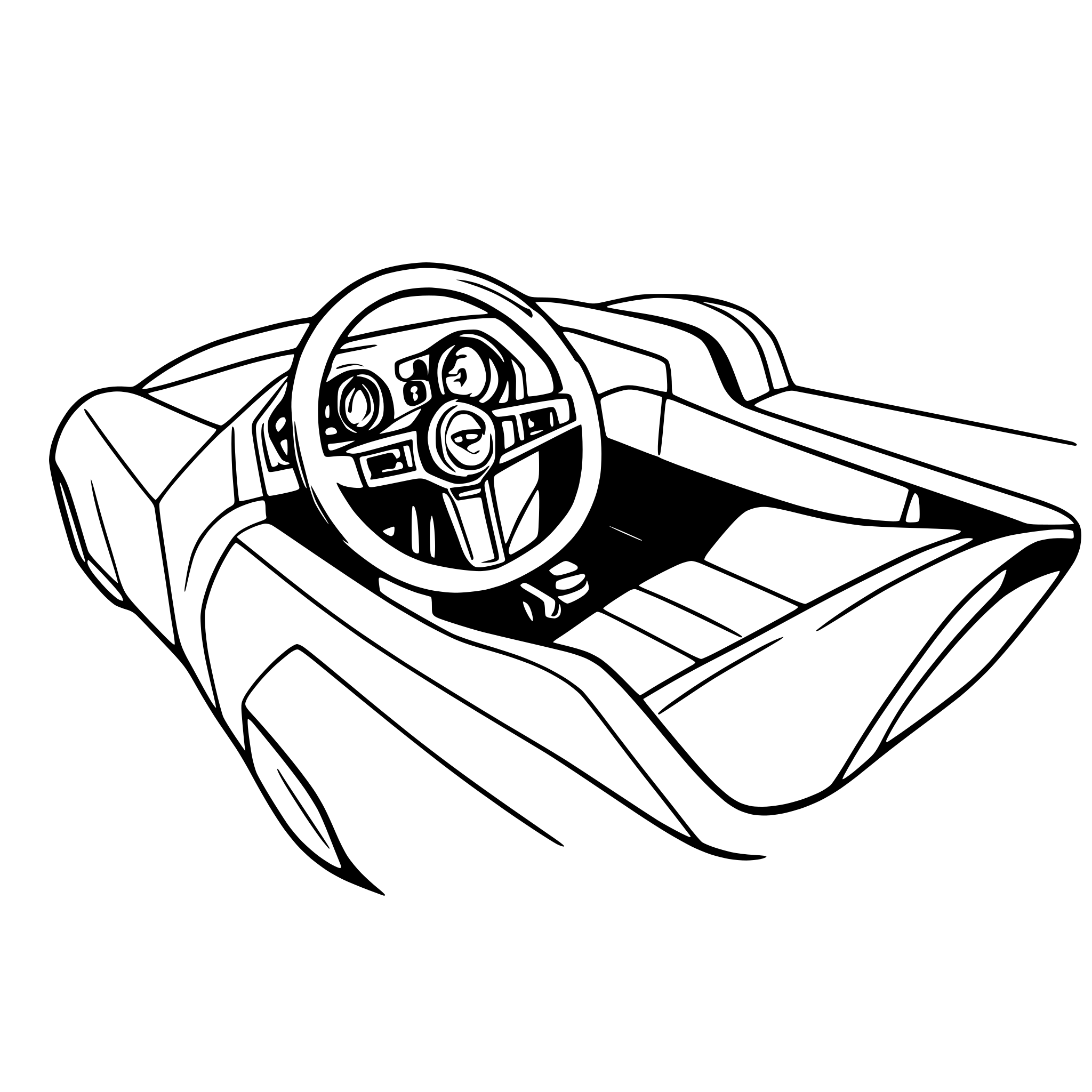 AI-generated SVG of a line art car cockpit drivers side view with no solid blacks