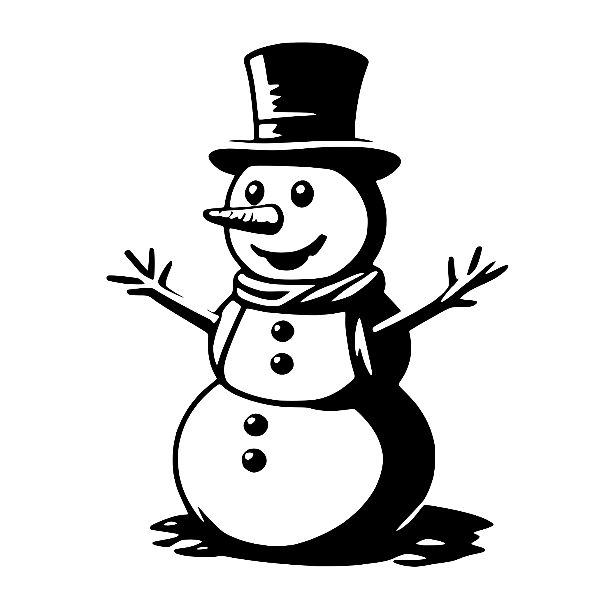 The SVG depicts a simple, cartoon-style illustration of a snowman. The snowman is wearing a top hat and has a carrot for a nose. It has two arms extended outward, and its body is a large, round snowball. The snowman is smiling and appears to be standing upright. The background is plain and does not interact with the snowman. 