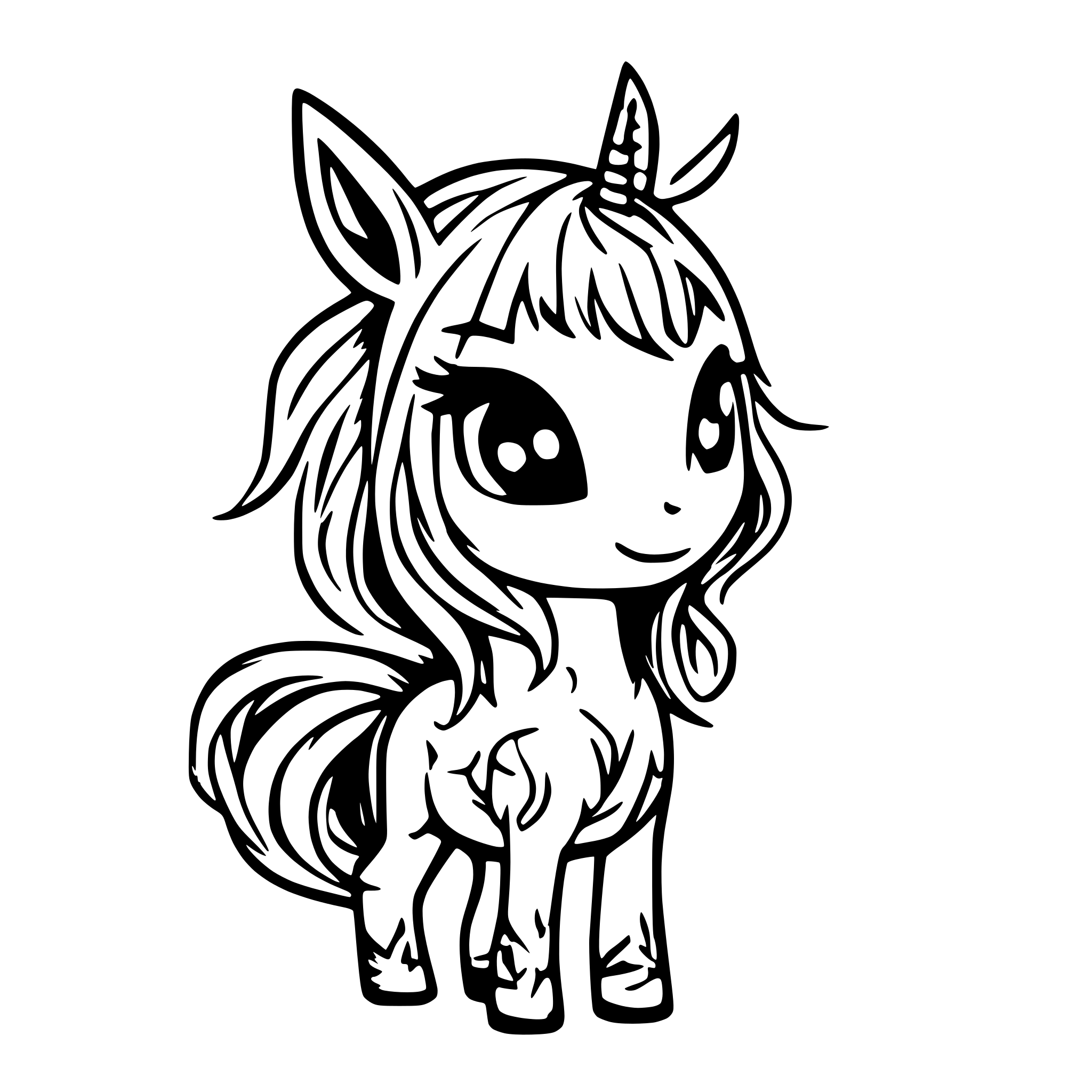AI-generated SVG of a cute full body unicorn with flowing hair and wings smiling