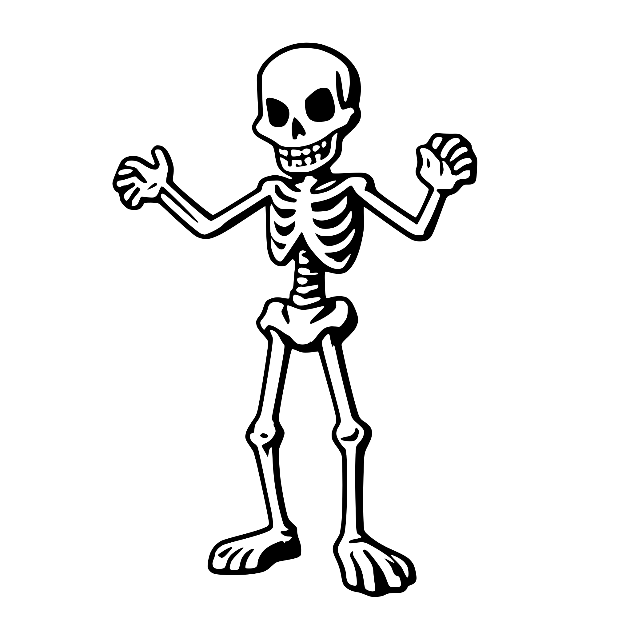 AI-generated SVG of a cartoon skeleton from 1920s angry but dancing no background